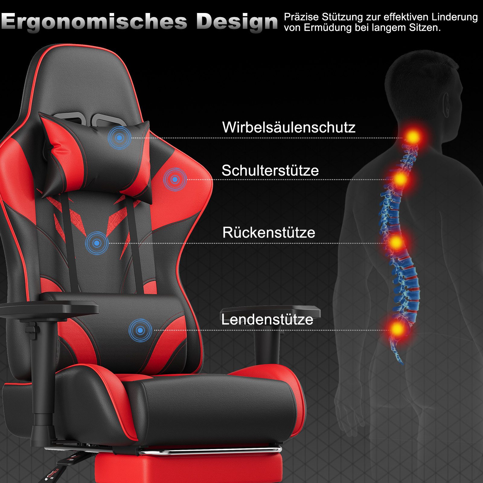 HOMALL Gaming-Stuhl Massage Gaming Stuhl mit Fußstütze 90-135° Rückenlehne einstellbar (Bürostuhl Ergonomisch,Verstellbarem Lenden- & Kopfkissen,mit Fußstütze), Ergonomischer Bürostuhl,Kopfstütze und Lendenstütze