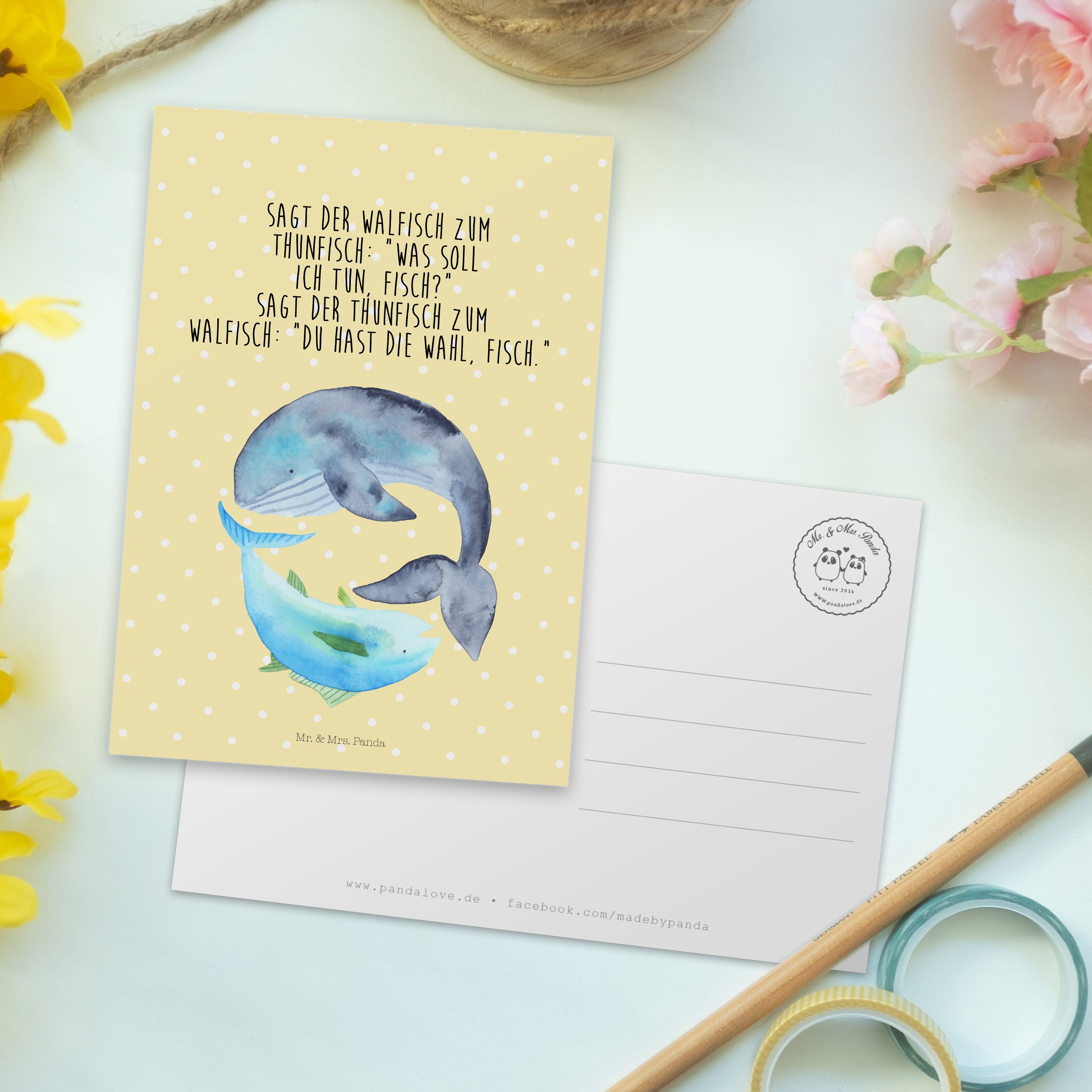 Pastell Walfisch & Panda Mrs. Tier Geschenk, Postkarte Einladung, Wahl, Gelb Thunfisch - & - Mr.