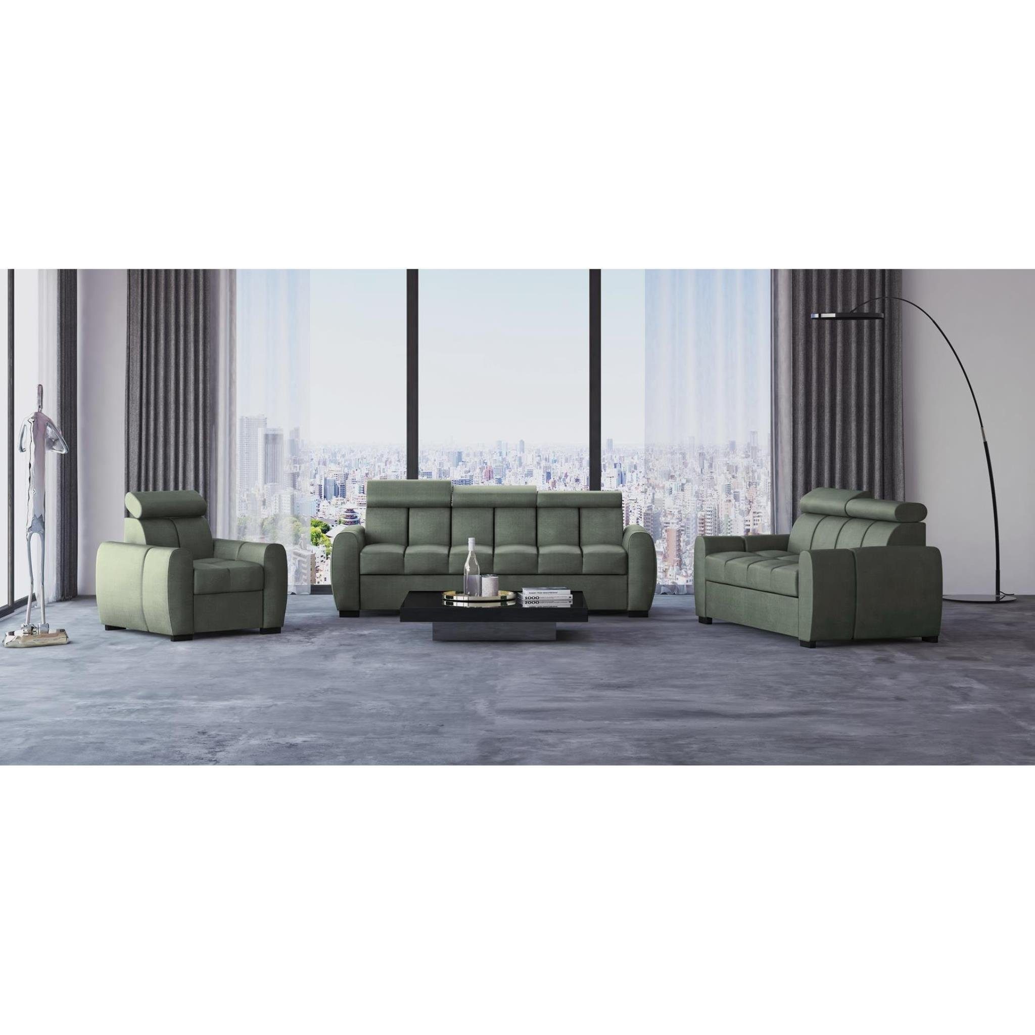 Beautysofa Polstergarnitur Gomez, (inkl. Schlaffunktion und Bettkasten, verstellbaren Kopfstützen), Designersofa 3+2+1 in Velourstoff, Rundumbezug Olive (element 11)