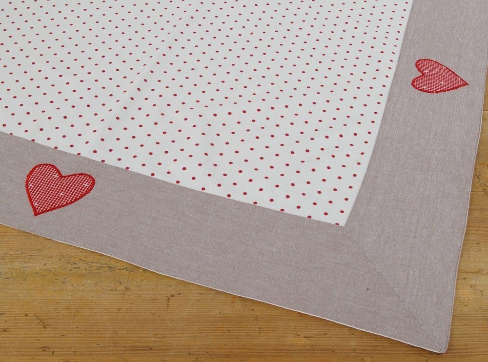 matches21 HOME & HOBBY Tischdecke Tischdecke ROSI Landhaus Herz rot grau, 100 % Baumwolle, in 100x100 cm (1-tlg), Pflegeleicht waschbar bis 30° Grad