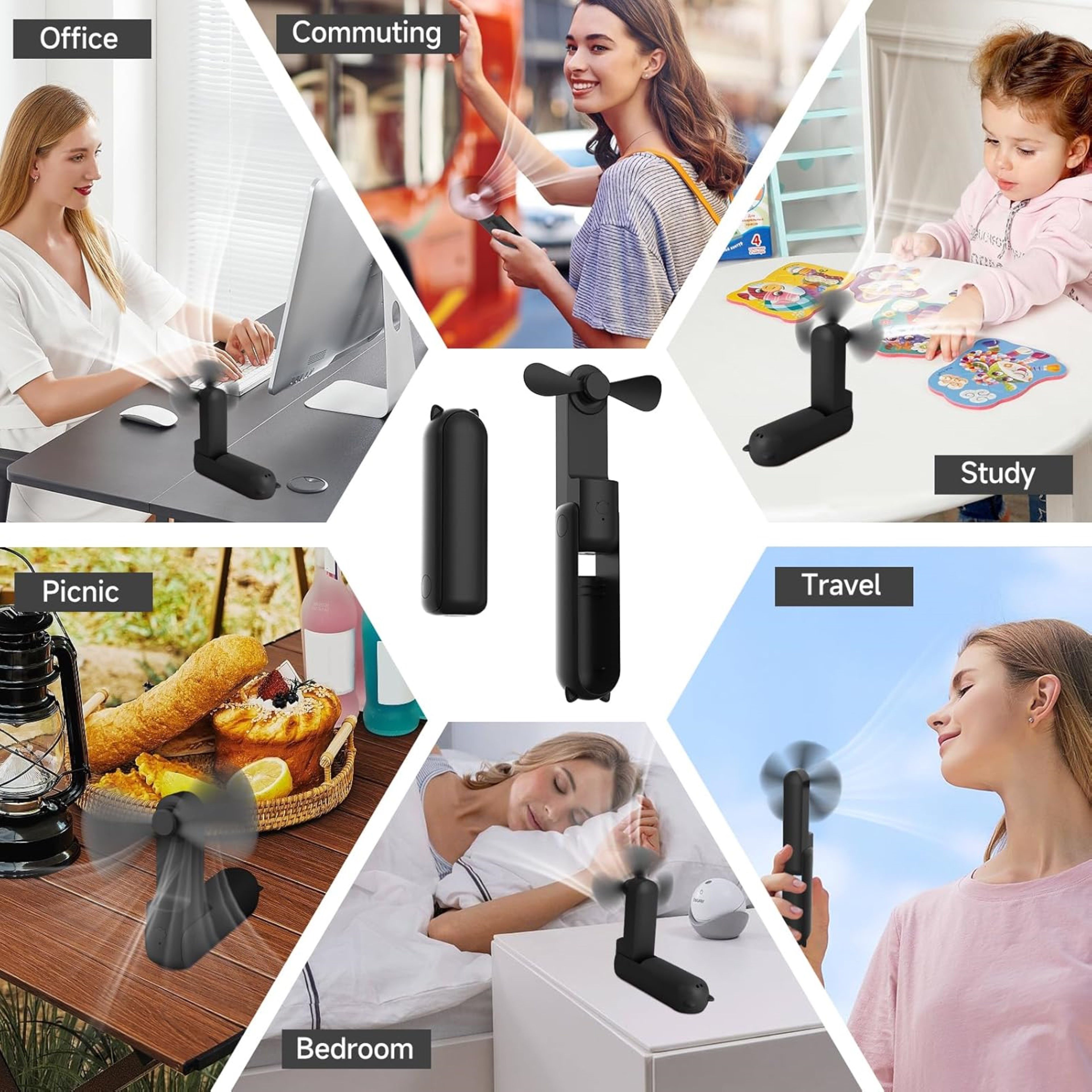 LA CUTE Handventilator Tragbarer Mini Handventilator faltbar USB-C Akku leise Schwarz, Faltbar, Powerbank-Funktion, 3 Stufen, leise, tragbar – Bild 4 von 5