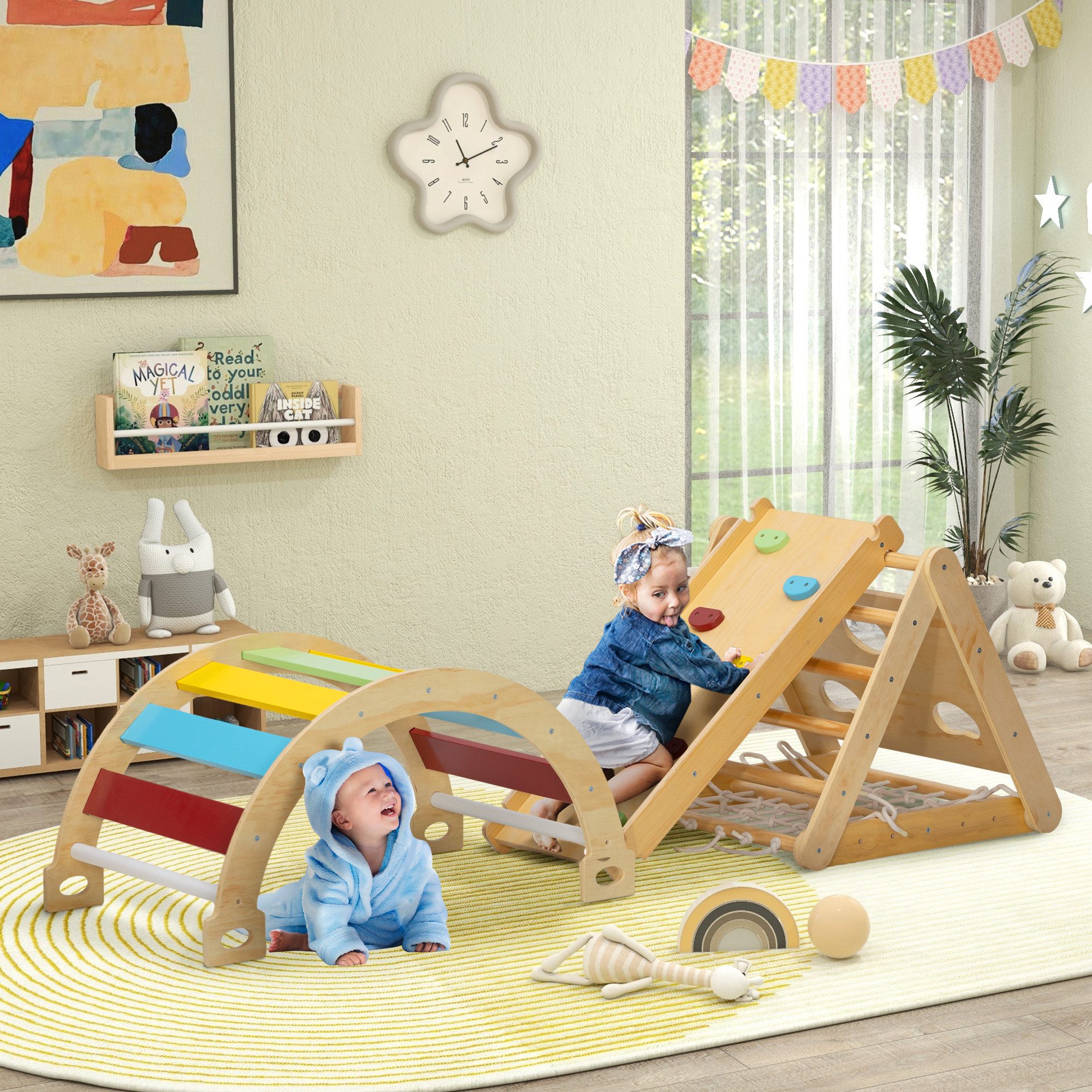 AIYAPLAY Klettergerüst mit Rutsche, Kletterbogen, Rampe, Kletternetz, Kletterstein, (7 in 1 Kletterdreieck, 1-St., Indoor Spielplatz aus Holz), für Kinder von 1,5-4 Jahre, Mehrfarbig