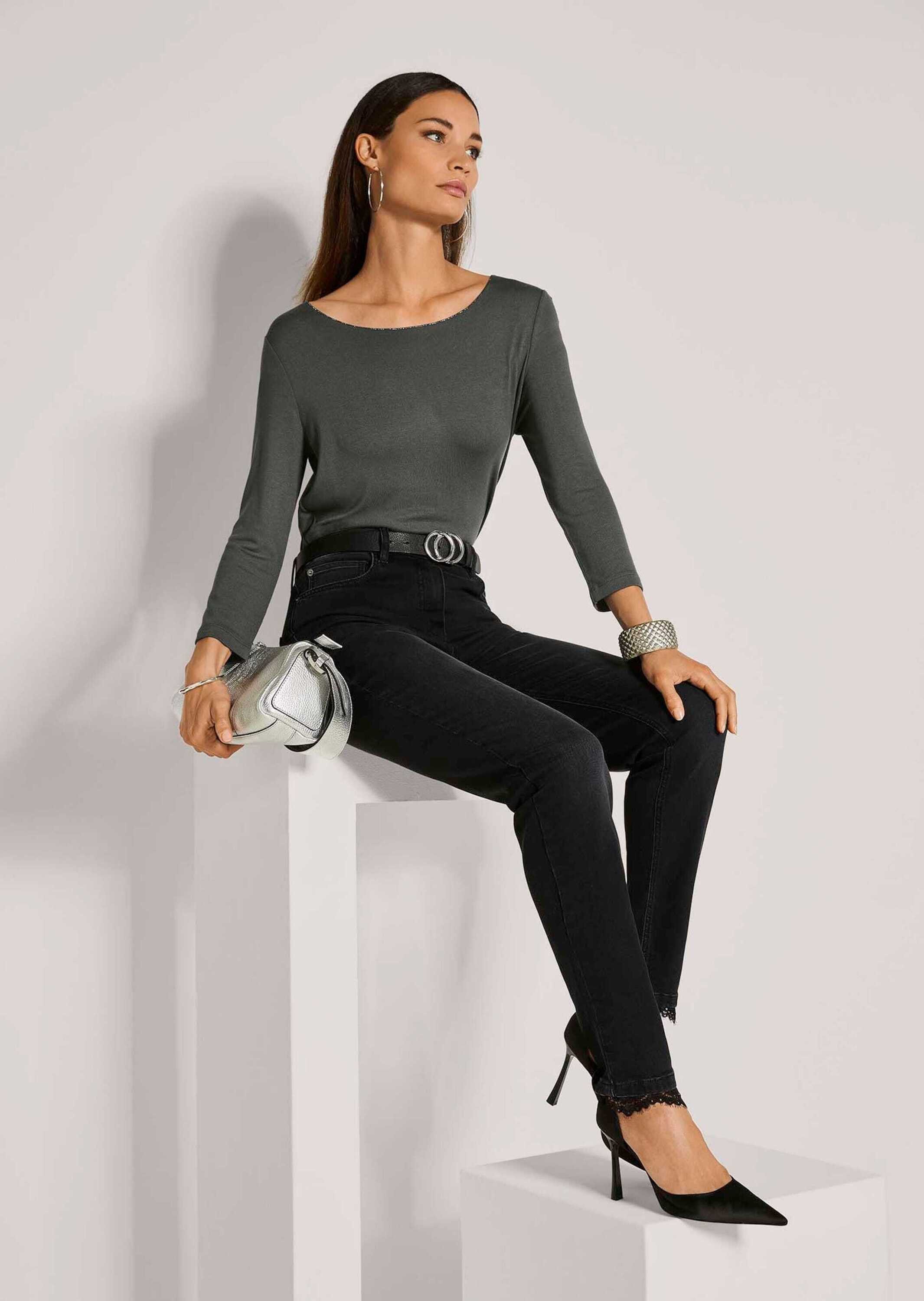 MADELEINE 3/4-Arm-Shirt Elegantes Glanzshirt mit Viskose-Stretch Rundhals, 3/4-Ärmel, funkelnde Details