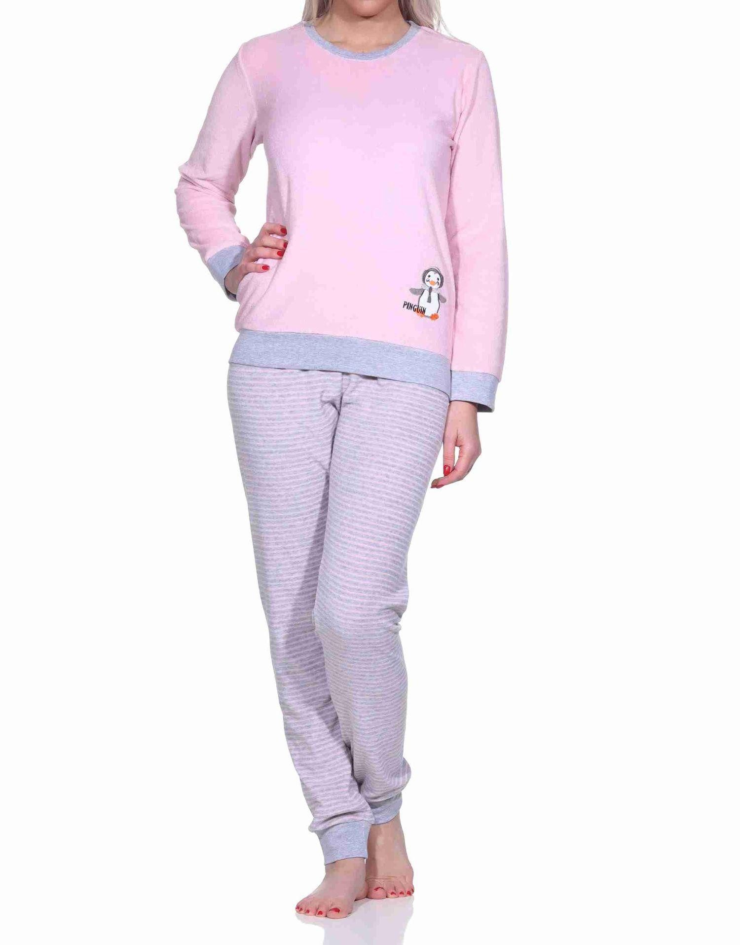 Normann Pyjama Damen Frottee Pyjama langarm mit Bündchen und Pinguin Stickerei