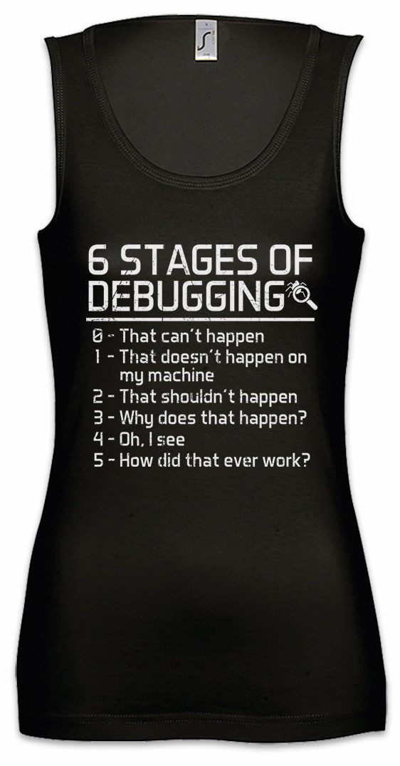 Tanktop 6 Stages of Debugging Ärmelloses Damen T-Shirt Fun Geek Nerd Internet