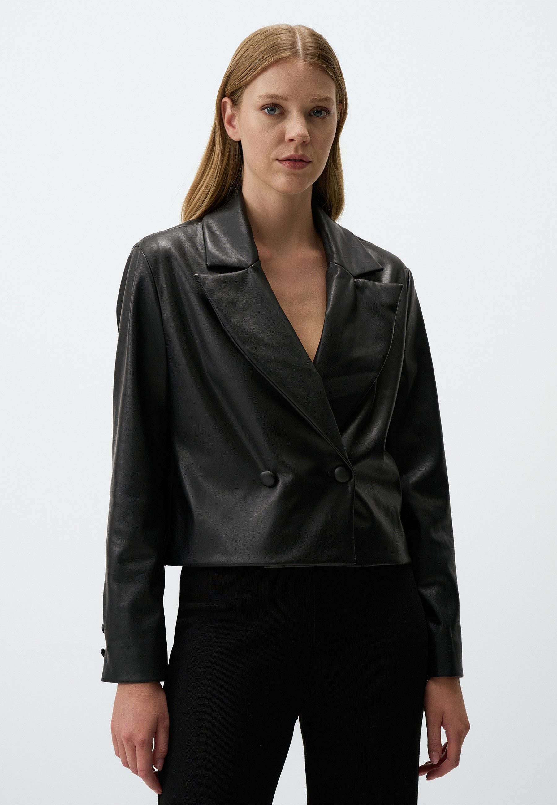 Lederimitatjacke Schwarz Kunstleder Doppelreihig Jacke