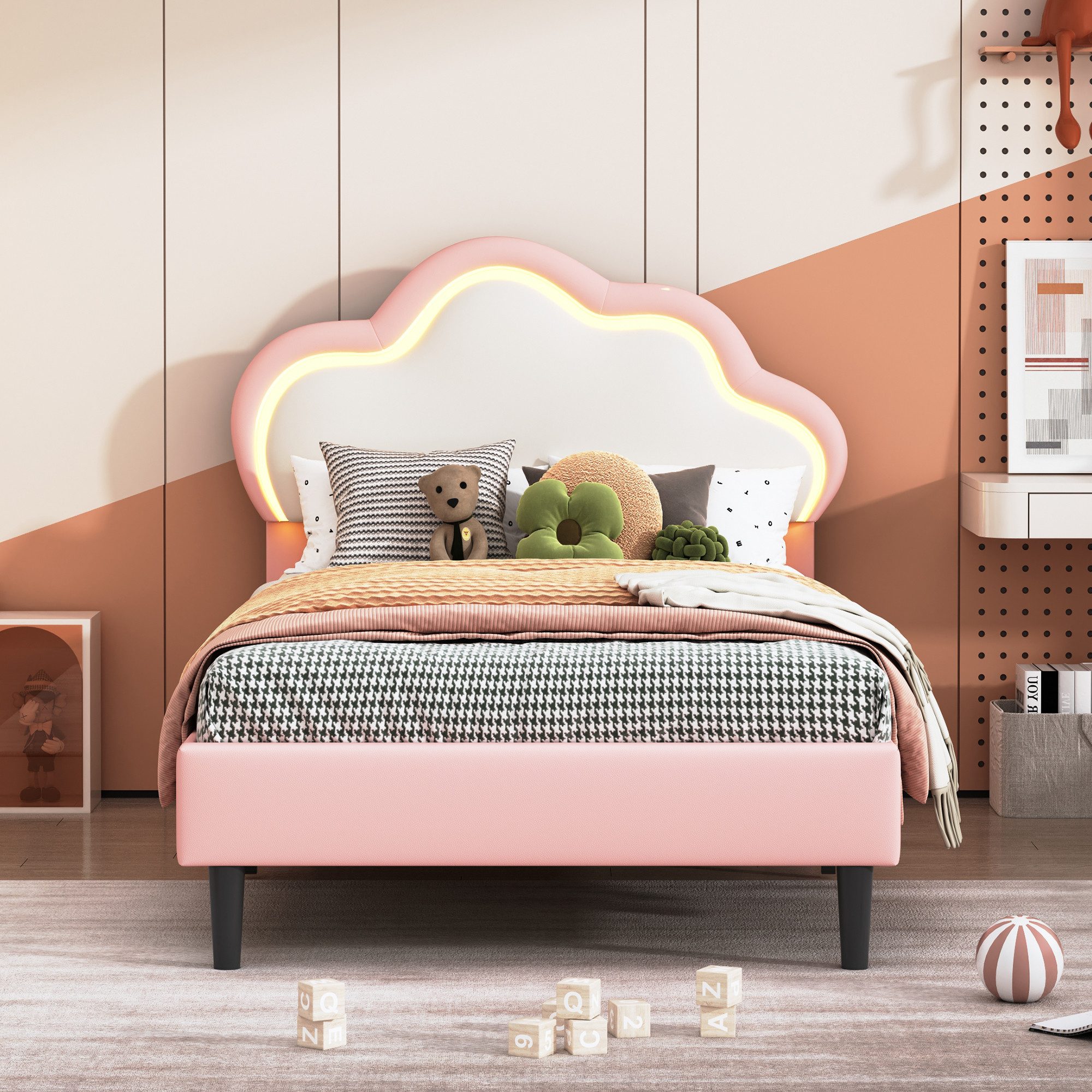 Yelenaro Polsterbett 90x200cm Einzelbett Kinderbett mit LED Licht (Set, 1-tlg., Wolken-Kopfteil), Kunstleder,Weiß-Rosa,ohne Matratze – Bild 5 von 5