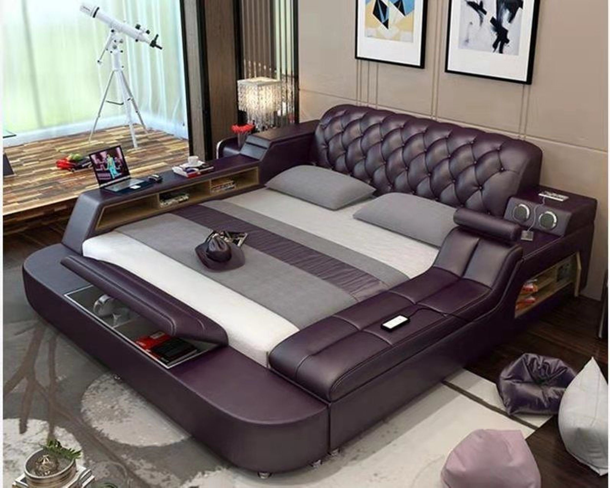 Polster XXL Betten Bett Design Multifunktion violett Leder JVmoebel Bett Hotel 150x200cm
