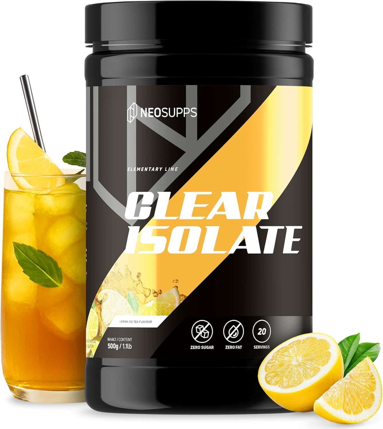 Neosupps Clear Whey Isolat Protein Pulver 500g, Lemon Ice Tea Geschmack Pulver, 500 g, Made in Germany, Hochwertiger Molkenprotein Isolat