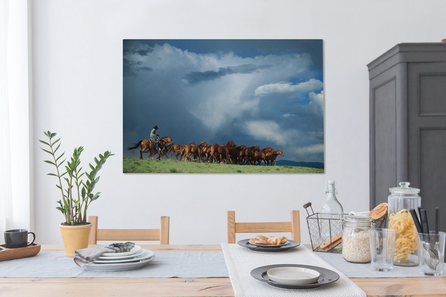 OneMillionCanvasses® Leinwandbild Pferde XXL, Cowboy cm Luft, großes, alle (1 Wohnbereiche, - Gemälde, St), 120x80 Wandbild für 