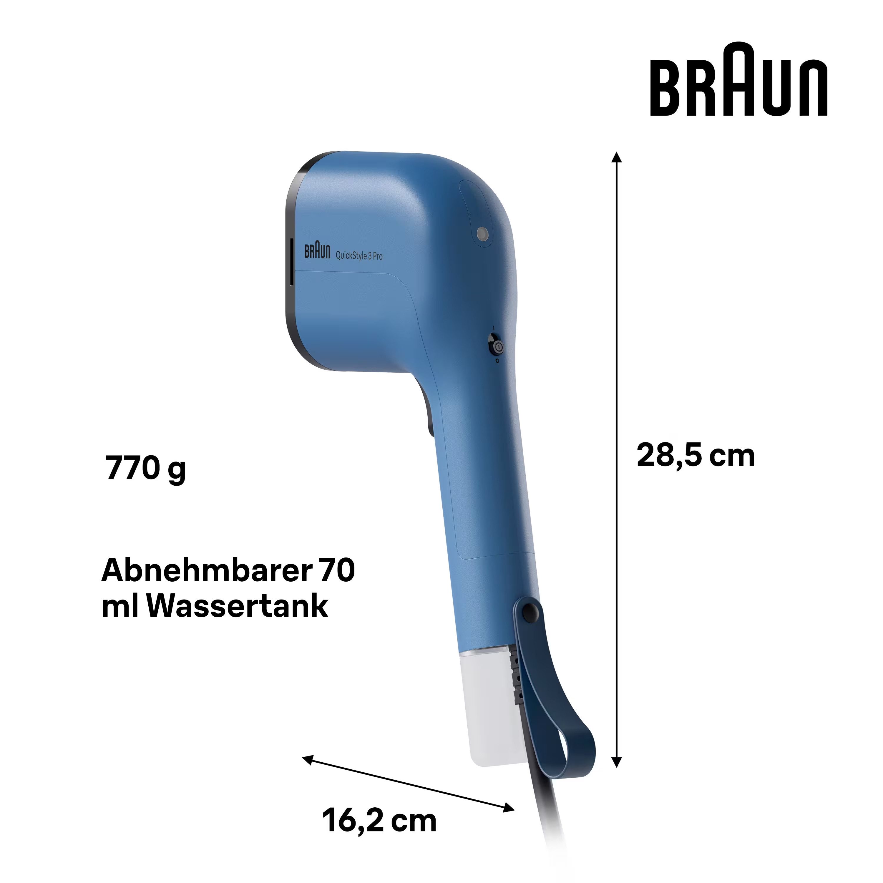 Braun Dampfbürste QuickStyle 3 GS 3024 BL - 22 g/min Dampfmenge, 30 Sek. Aufheizzeit, 1100 W, 1.100 W, 70 & 120 ml Wassertank, hitzebeständige Tasche, 2,0 m Kabel