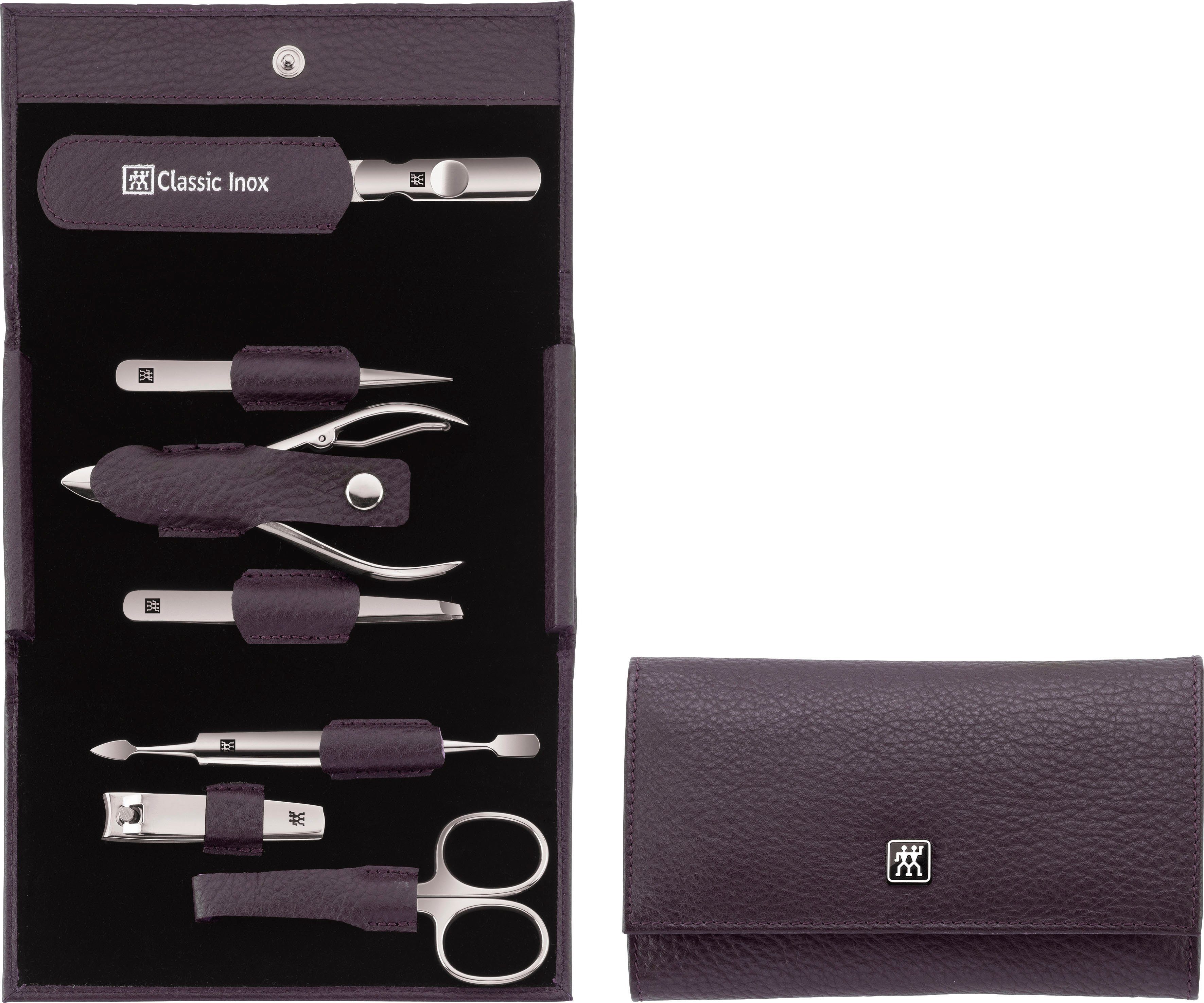 Zwilling Maniküre-Etui CLASSIC INOX DRUCKKNOPF-ETUI VIOLETT, 7 tlg., 7-teilig, hochwertige Insturmente, Etui aus Rindleder.