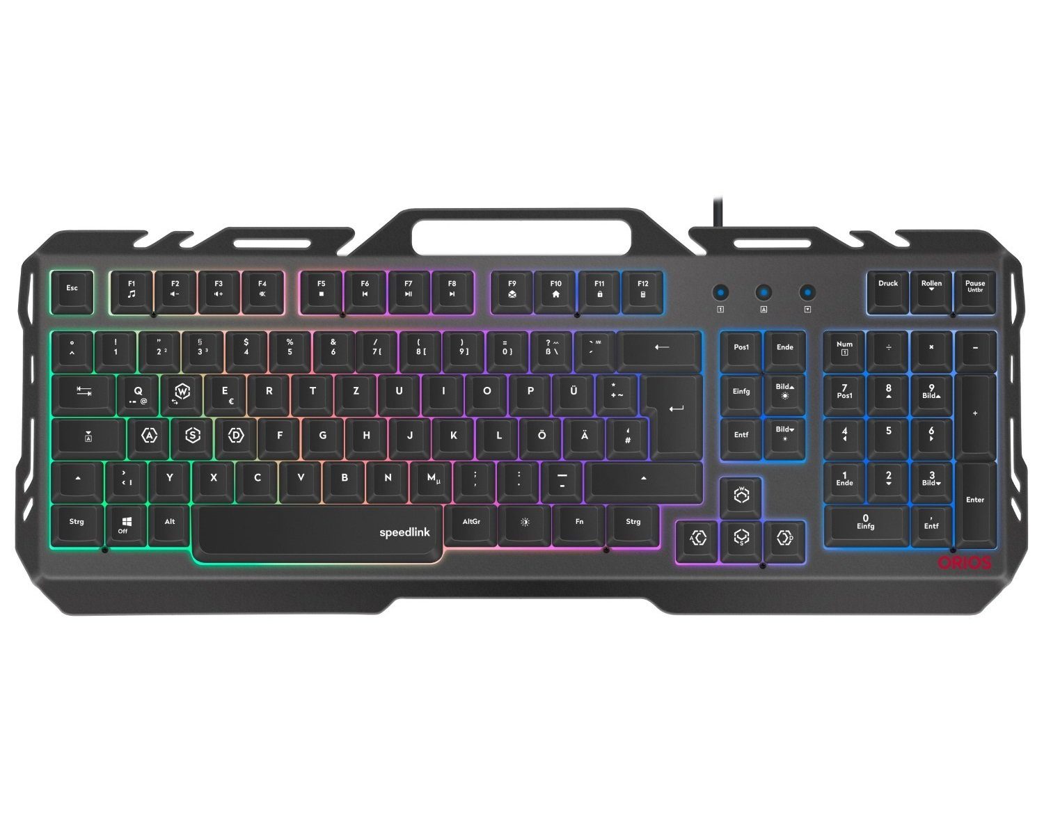 Speedlink ORIOS Metall USB Gaming Tastatur PC-Tastatur (RGB Beleuchtung, Gamer Keyboard, Smartphone-Halterung, Anti-Ghosting)