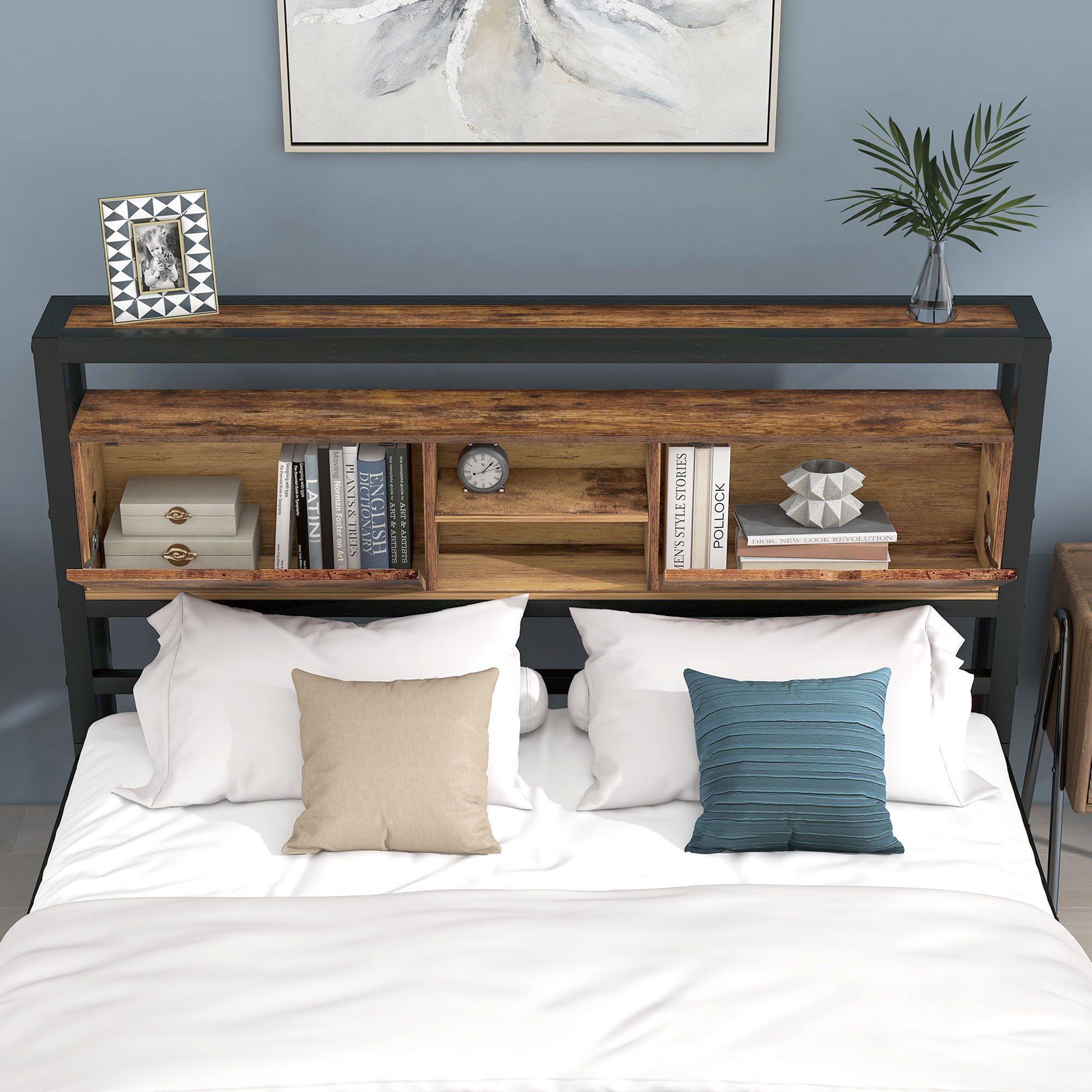 Metallbett (Jugendbett), Doppelbett 140 x 200 cm mit Stauraum-Kopfteil, Lattenrost aus Metall