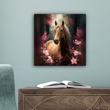 OneMillionCanvasses® Leinwandbild Pferd - Blumen - Rosa - Natur - Wald, (1 St), Leinwand Bilder für Wohnzimmer Schlafzimmer, 20x20 cm