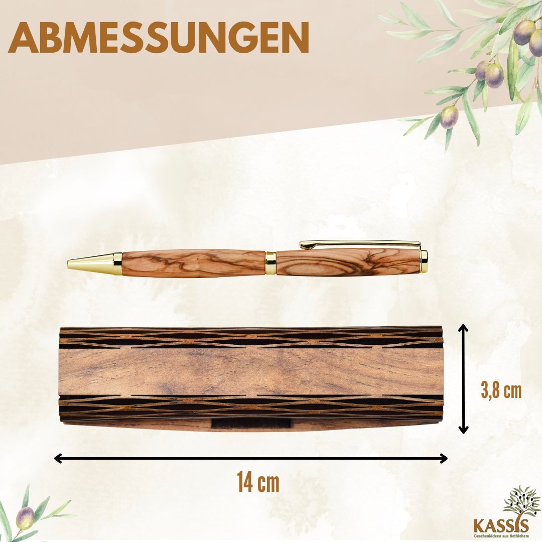 Kassis Geschenkartikel Kugelschreiber Olivenholz Stift in eleganter Holzschachtel mit Gravur "Alles Gute!", Hergestellt in Bethlehem, zu Geburtstag, Vatertag, Abitur, Ruhestand