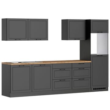 Lomadox Küchenzeile MONTERREY-03, Küchenblock Küchenmöbel, 300cm, grau mit Eiche
