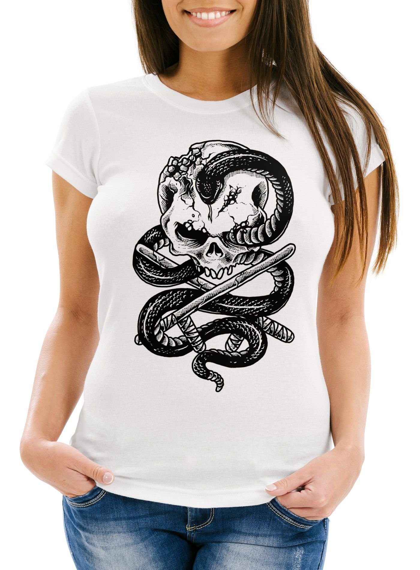 Neverless Print-Shirt Damen T-Shirt Totenkopf Schlange Skull Snake Slim Fit mit Print