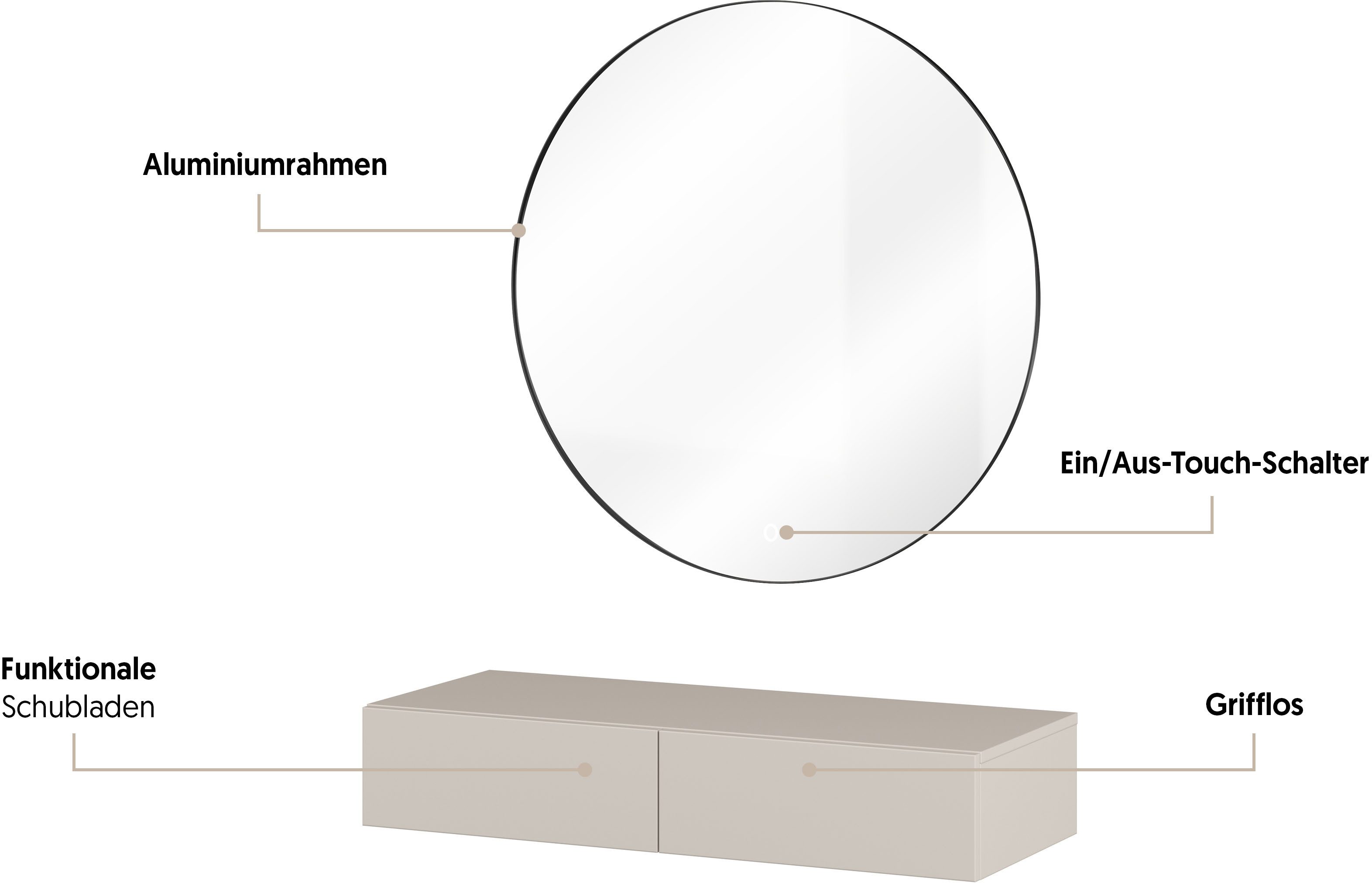 OTTO home Schminktisch Jukon, Breite 90 cm, moderner Schminktisch incl. Spiegel, Hängende Schminktisch, Spiegel mit LED Beleuchtung