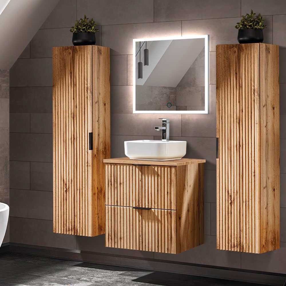 Lomadox Badmöbel-Set ADELAIDE-56, (Spar-Set, 4-St), LED-Spiegel, Waschtisch-Unterschrank Waschbecken, 2 Hochschränke