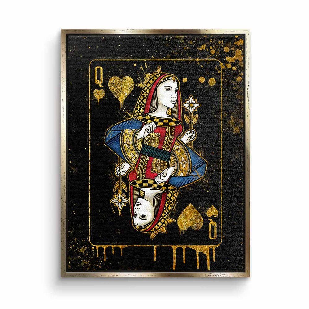 DOTCOMCANVAS® Leinwandbild, Leinwandbild Queen Card schwarz gold Königin Karte edel elegant mit pr ohne Rahmen