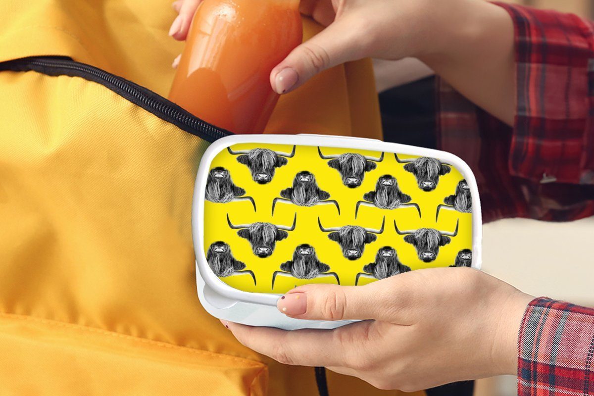MuchoWow Lunchbox Brotdose, Erwachsene, (2-tlg), Brotbox Kunststoff, Mädchen Kinder Schottischer für - - Gelb, Muster für Jungs weiß und Highlander und