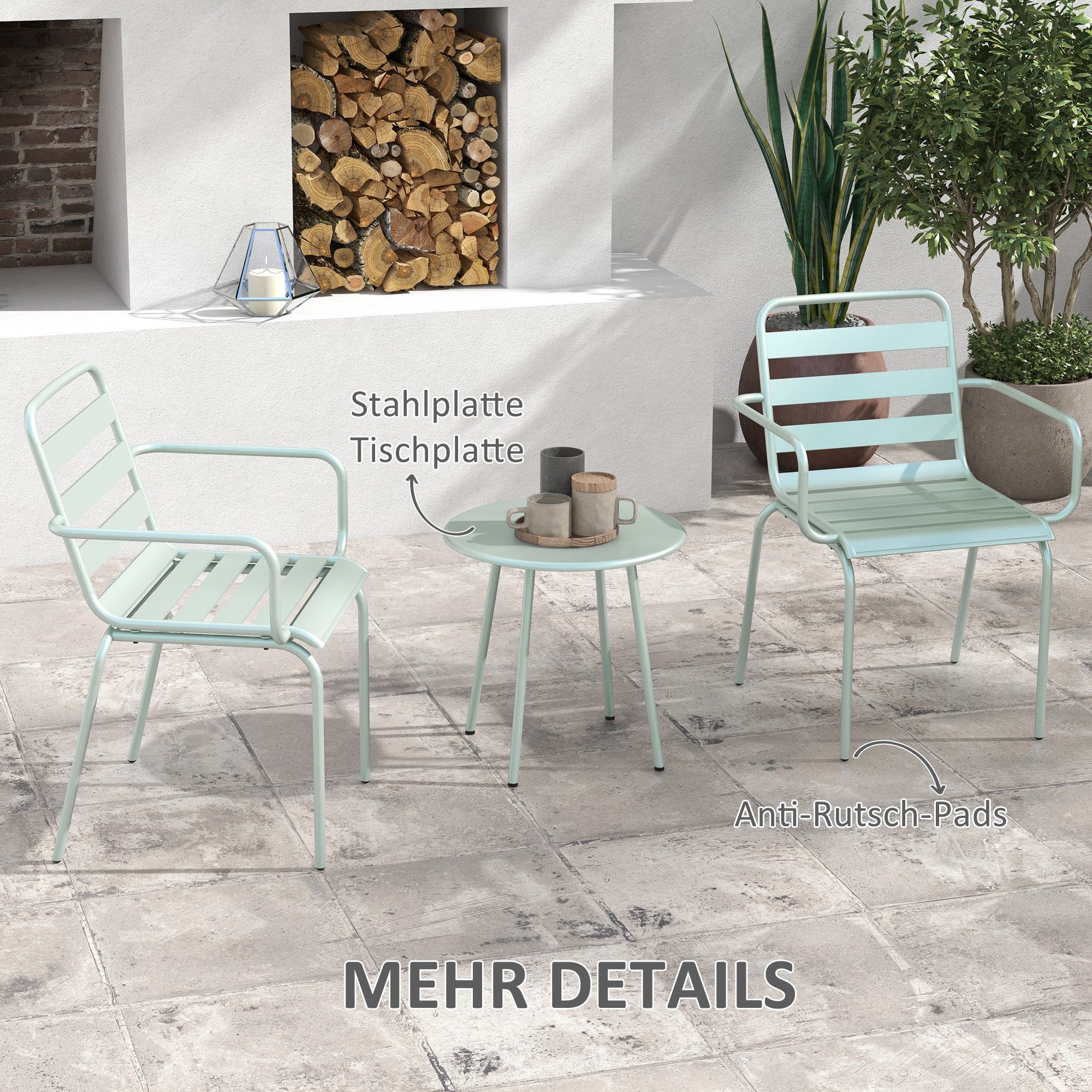 Outsunny Balkonset Bistroset Gartenmöbel Set mit 1 Couchtisch, 2 Stapelbaren Stühlen, (Sitzgruppe, 3-tlg., Gartensitzgarnitur), für Balkon, Terrasse, Stahl, Grün