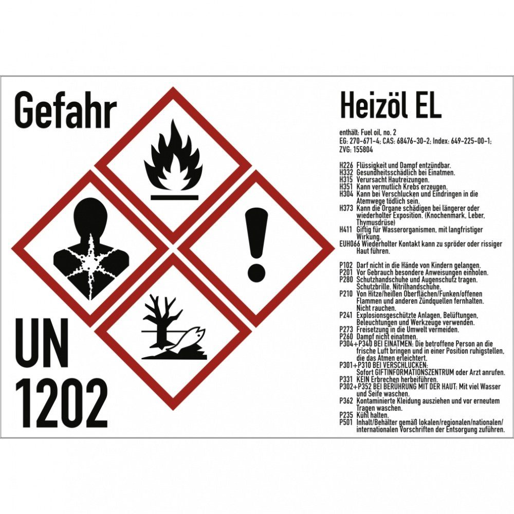 Hinweisschild Gefahrstoffkennzeichnung Heizöl, Kombischild, GHS