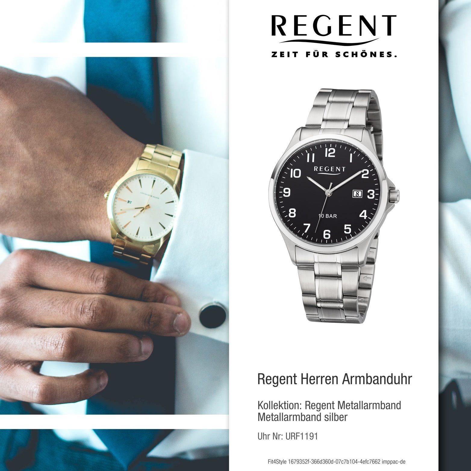 Regent rundes Quarzuhr Metall Herrenuhr mittel Regent (ca. Herren Gehäuse, Analog, F-1191 Metallarmband silber, Uhr 39mm)
