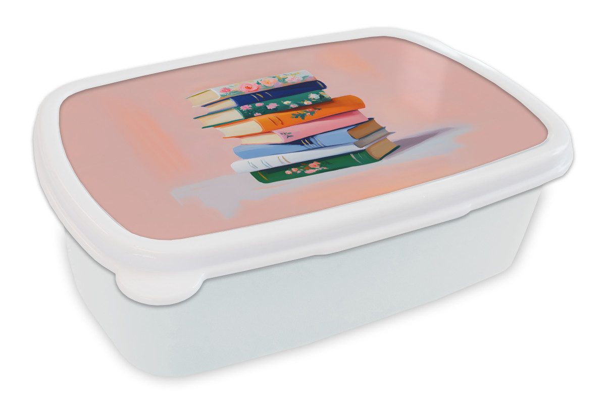 MuchoWow Lunchbox Bücher - Stapel - Bunt, Kunststoff, (2-tlg), Brotdose Schule oder Arbeit, Brotbox für Kinder und Erwachsene