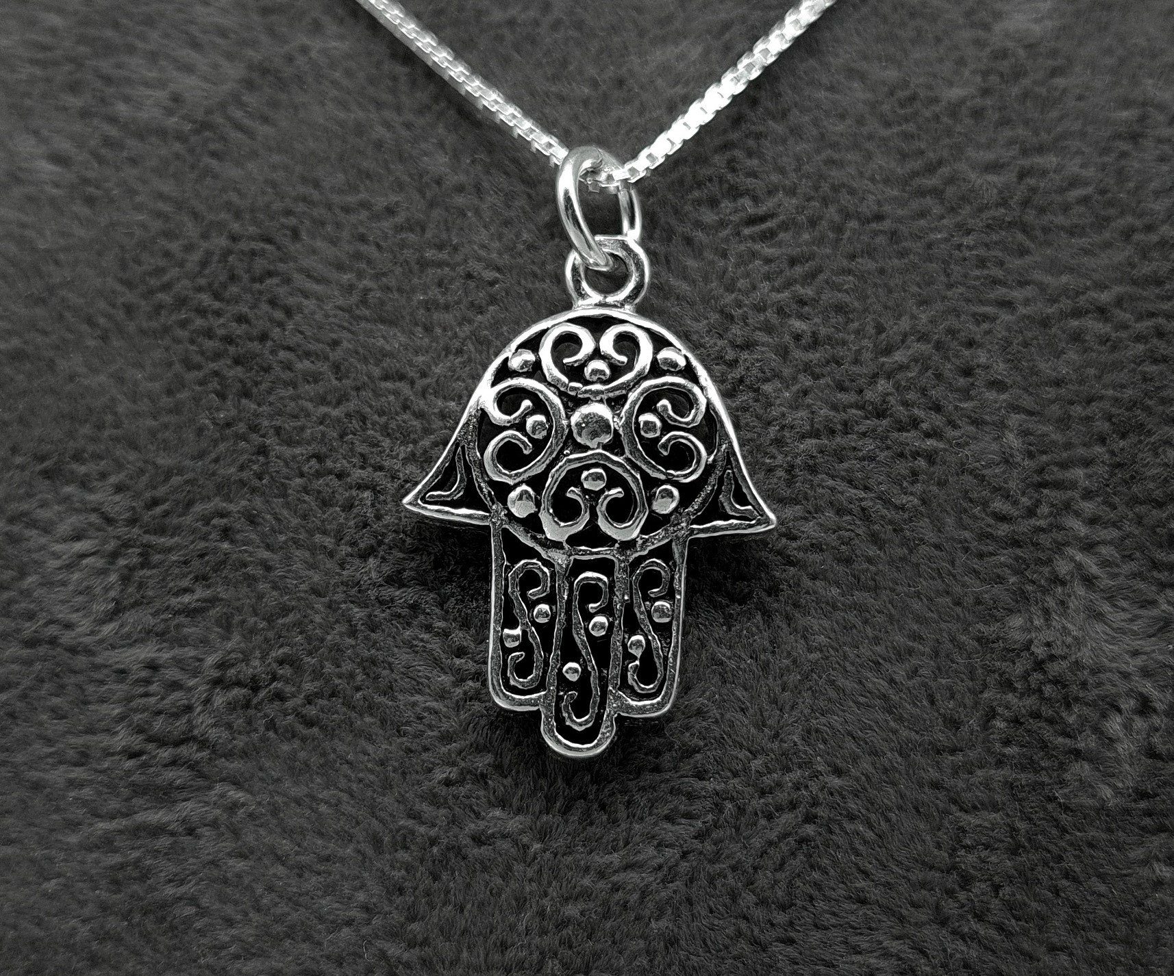 Fatimas Hamsa - Hand Schmuckbox), Silber Glücksbringer 925 Anhänger (inkl. Schützende - Kette mit rhodiniert / Fatima Hand NAHLE der