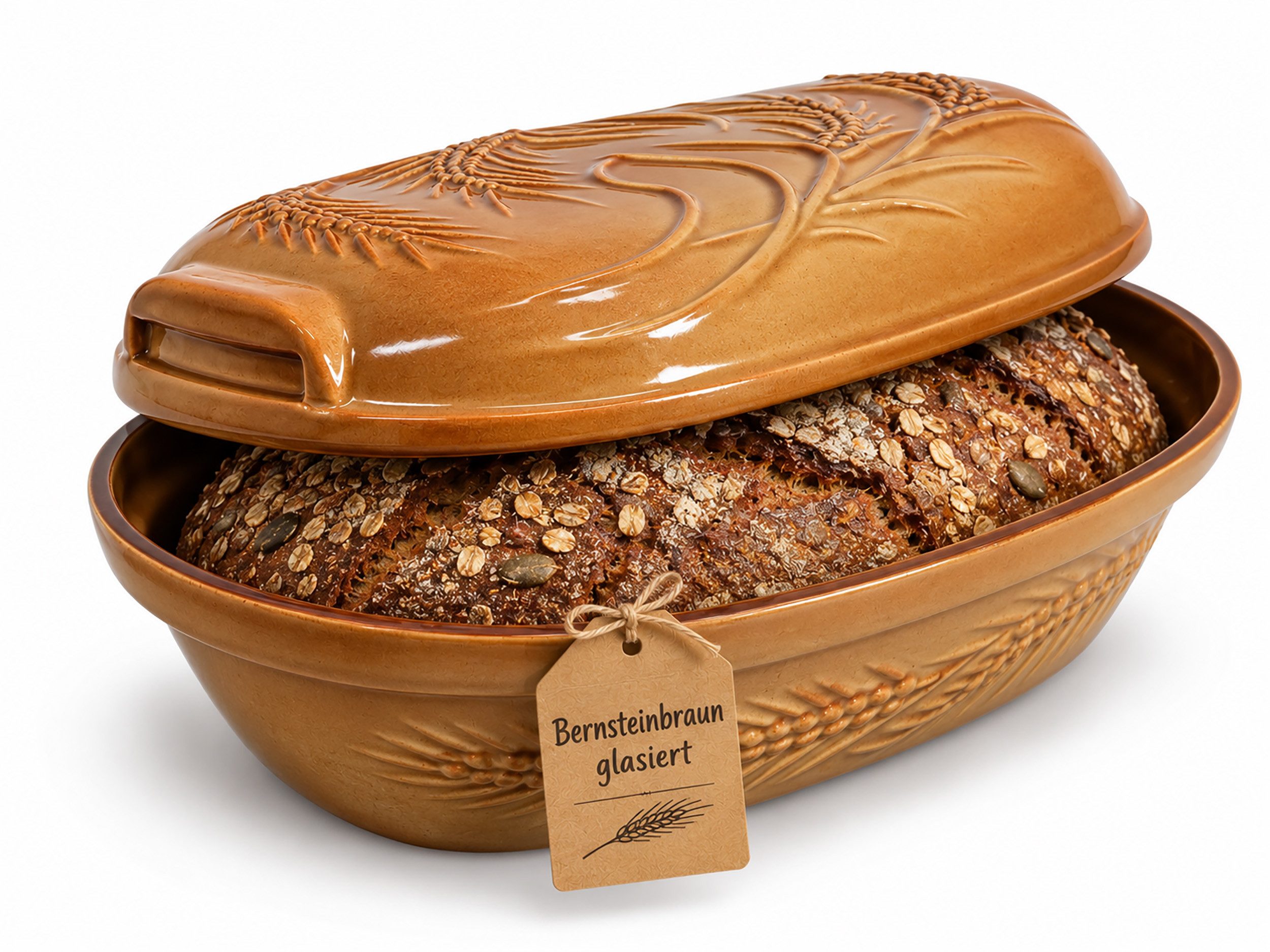 KERAZO Brotbackform 4,5L Keramik Bräter mit Deckel Brottopf Auflaufform 38x24x15 cm, braun, Mit dekorativem Getreidemuster auf Deckel und Unterteil