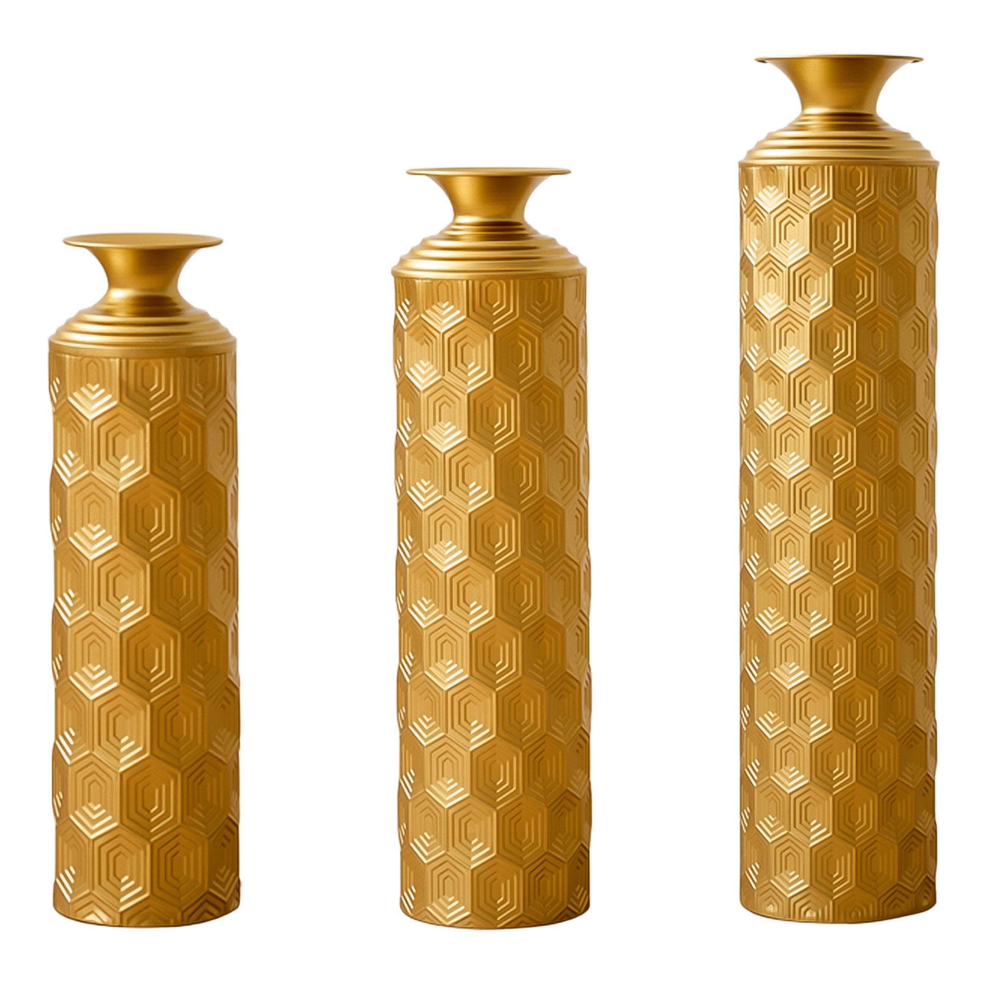 BlingBin Bodenvase Bodenvase Große 3er Set (50/66/83 cm) - Metallvasen mit Rillenmuster (3er Set, 3 St., Groß: 20*20*85CM/Mittel: 17*17*65CM/Klein: 14*14*50CM), Dekorative Vase für Wohnzimmer, Flur und Schlafzimmer, Gold