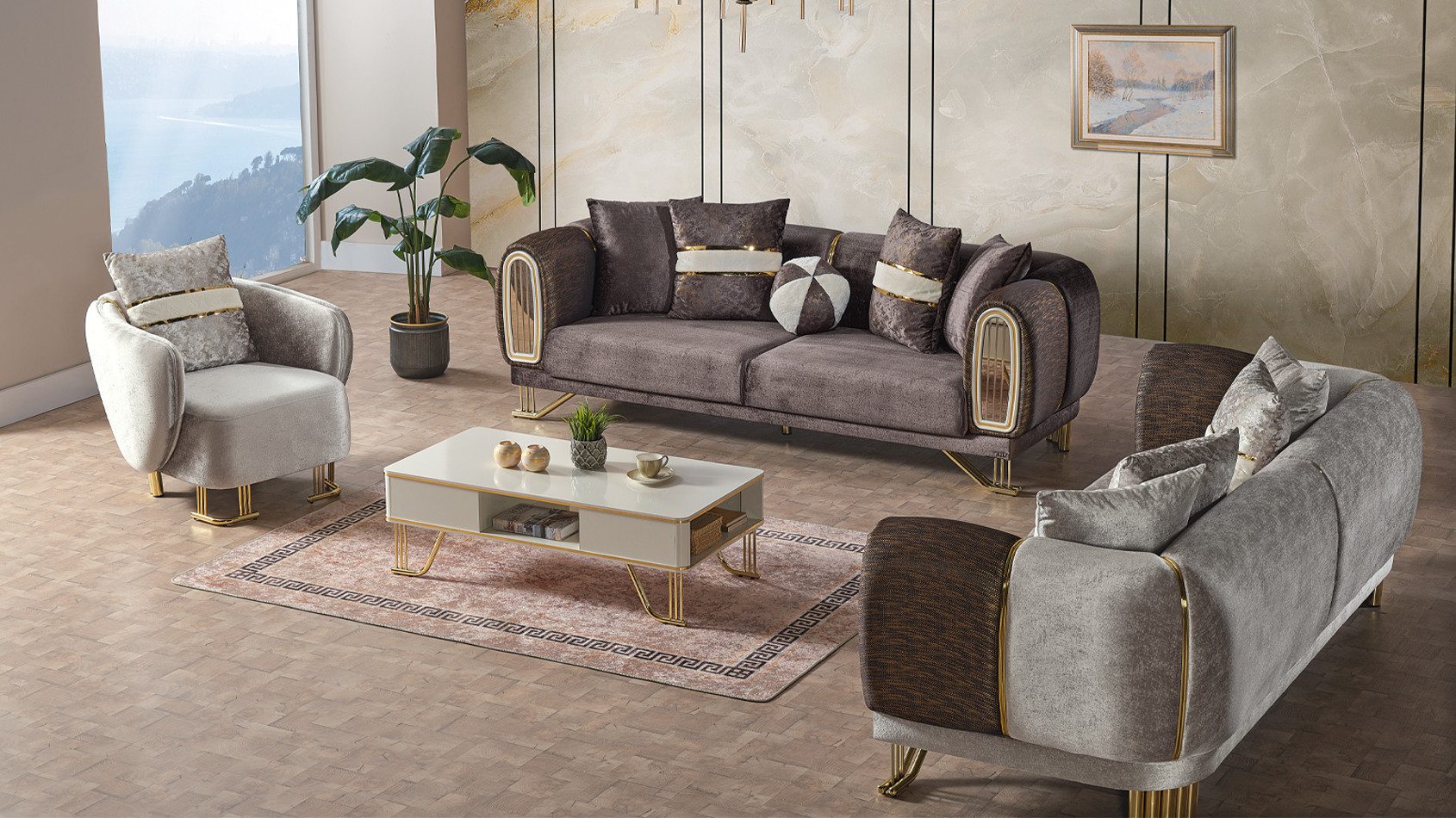 JVmoebel Sofa Elegantes Polstermöbel-Set aus Textil in harmonischem Farbton, Set 3 Teile, Made in Europa