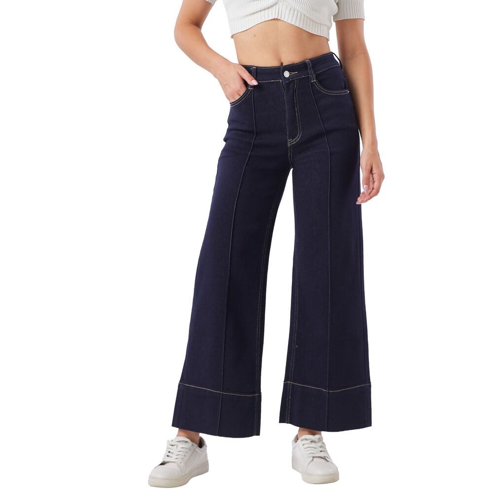 Ital-Design Weite Jeans Damen Wide-Leg Jeans High Waist mit Steppnähten (91767230) Stretch High Waist Jeans in Dunkelblau
