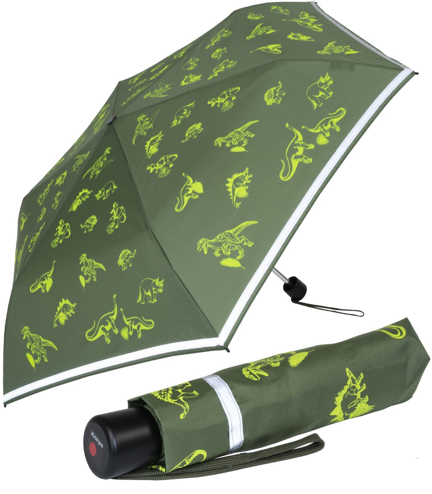 Taschenregenschirm Sicherheit fluoreszierende auf Dinos Reflexborte, mit reflective Kinderschirm 4Kids Knirps® dem Schulweg,