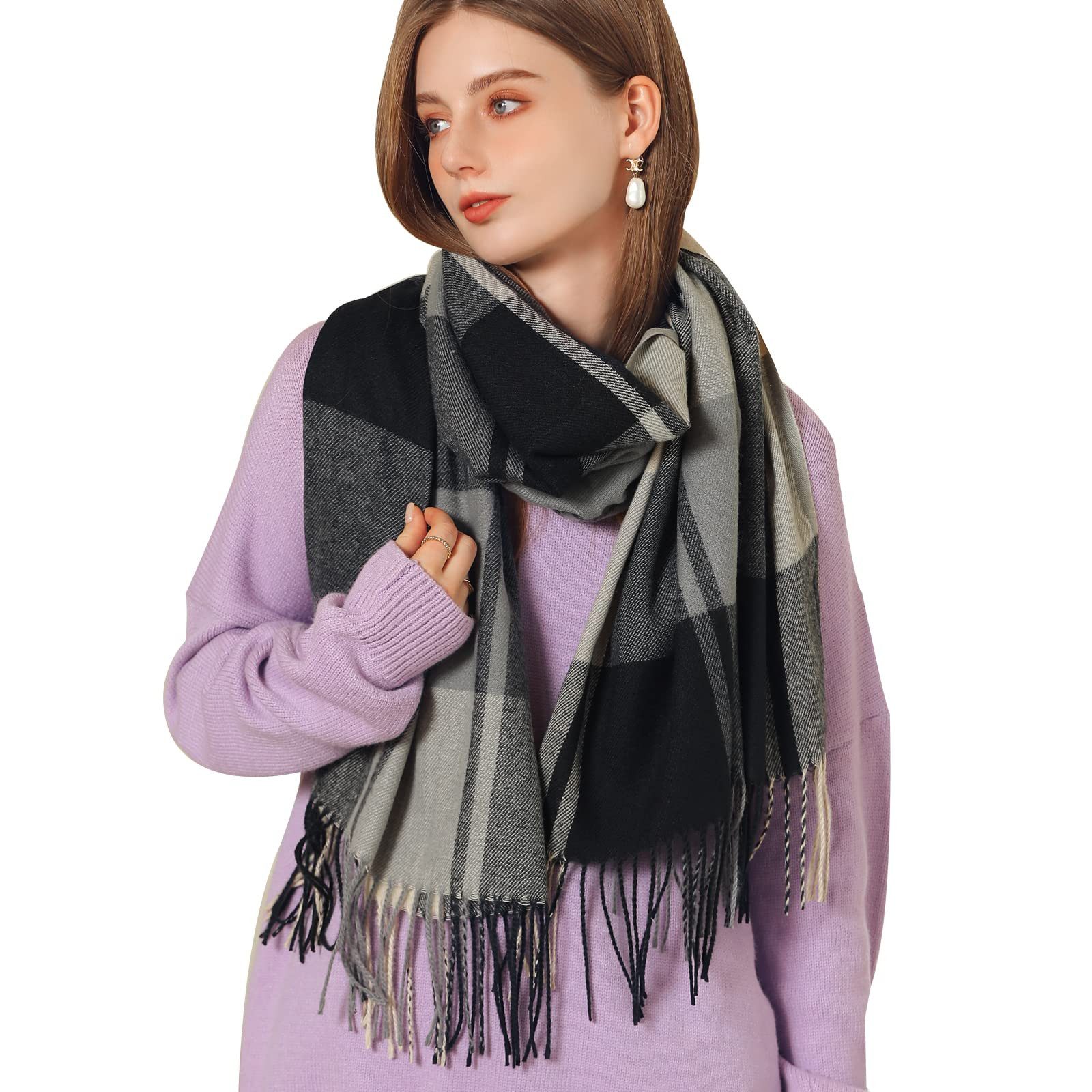 Coonoor Modeschal Damen Kariert Oversized Schal mit Fransen, Winterschal Weich Wraps, Karo Fransen Schals Warm für Herbst Winter, Mischfarbe