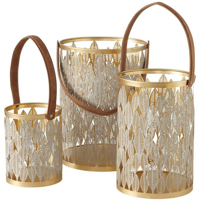 BOLTZE Teelichthalter 3tlg Set Windlichter Melati gold H20,5-35,5cm groß Kerzen-Ständer