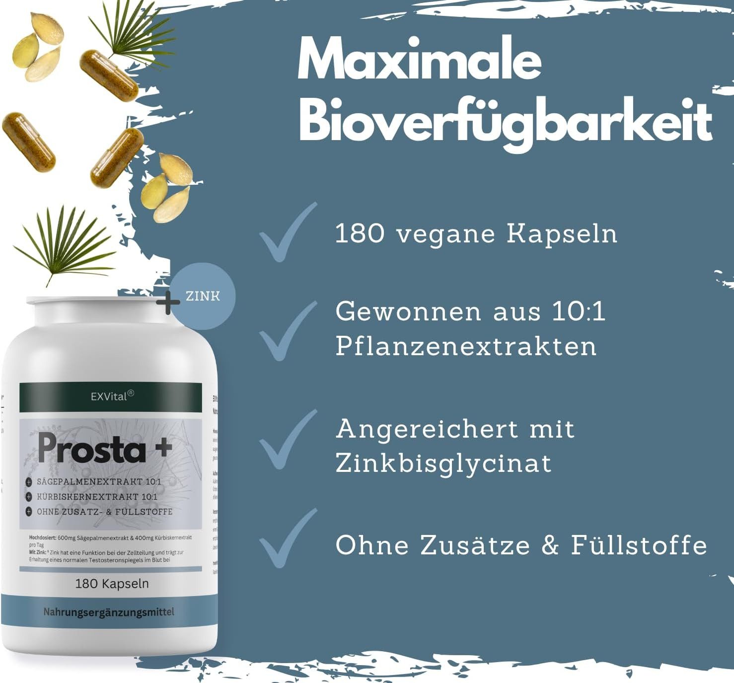 Prosta+ Kapseln mit Sägepalmen-, Kürbiskernextrakt & Zink Kapseln, 101 g