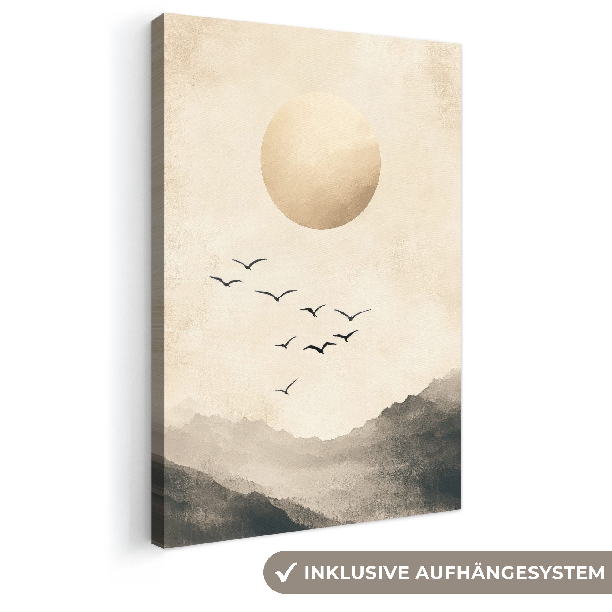 OneMillionCanvasses® Leinwandbild Landschaft - Japandi - Vogel, Fotodruck (1 St), Leinwand Canvas Wandbild, Wanddekoration 20x30 cm