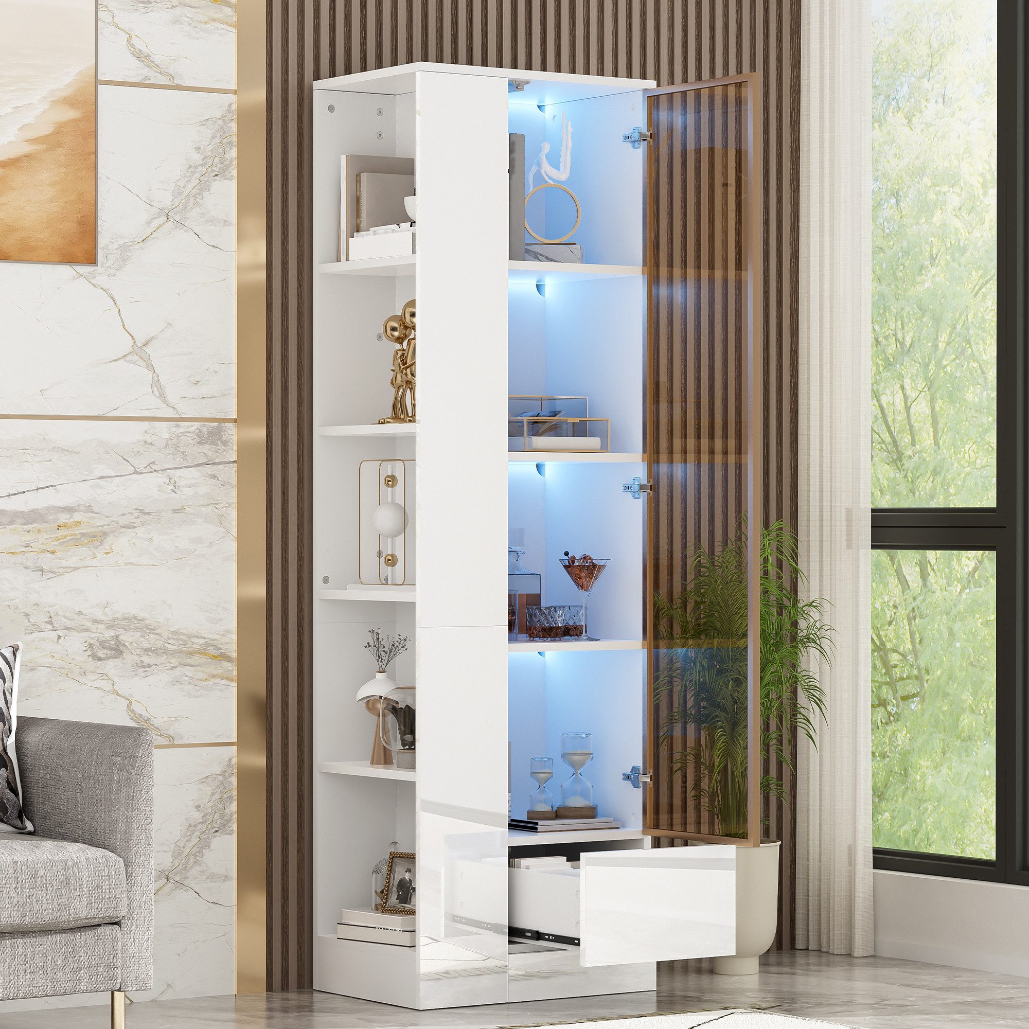 Flieks Glasvitrine Hochschrank mit LED-Beleuchtung, Glastür, Schubladen, 9 Fächern (50x35x160 cm, 1-St., Highboard für Wohnzimmer, Esszimmer, Arbeitszimmer, Schlafzimmer) Standvitrine Multifunktionsschrank Mehrzweckschrank Hochglanz Weiß