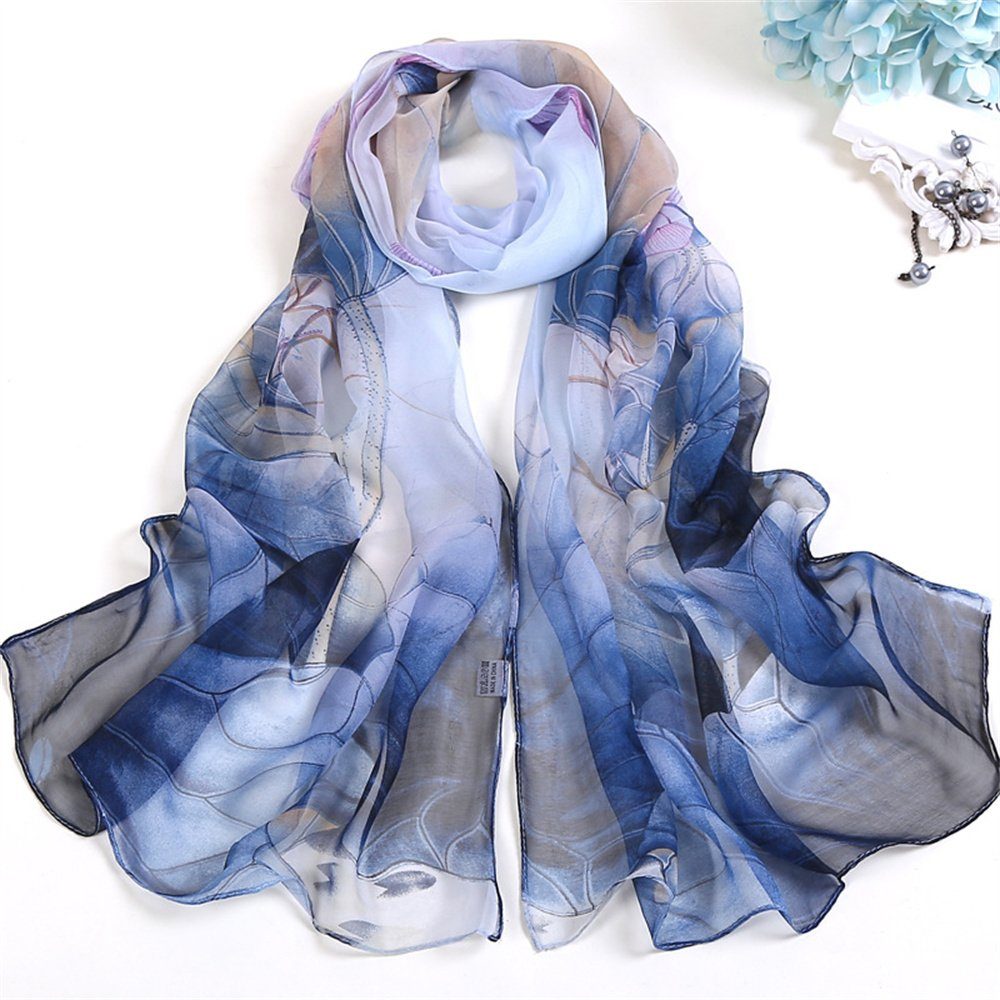 GLAMO Seidenschal modische Schals,Schals für Damen, leicht, bedruckt,Blumenmuster blau
