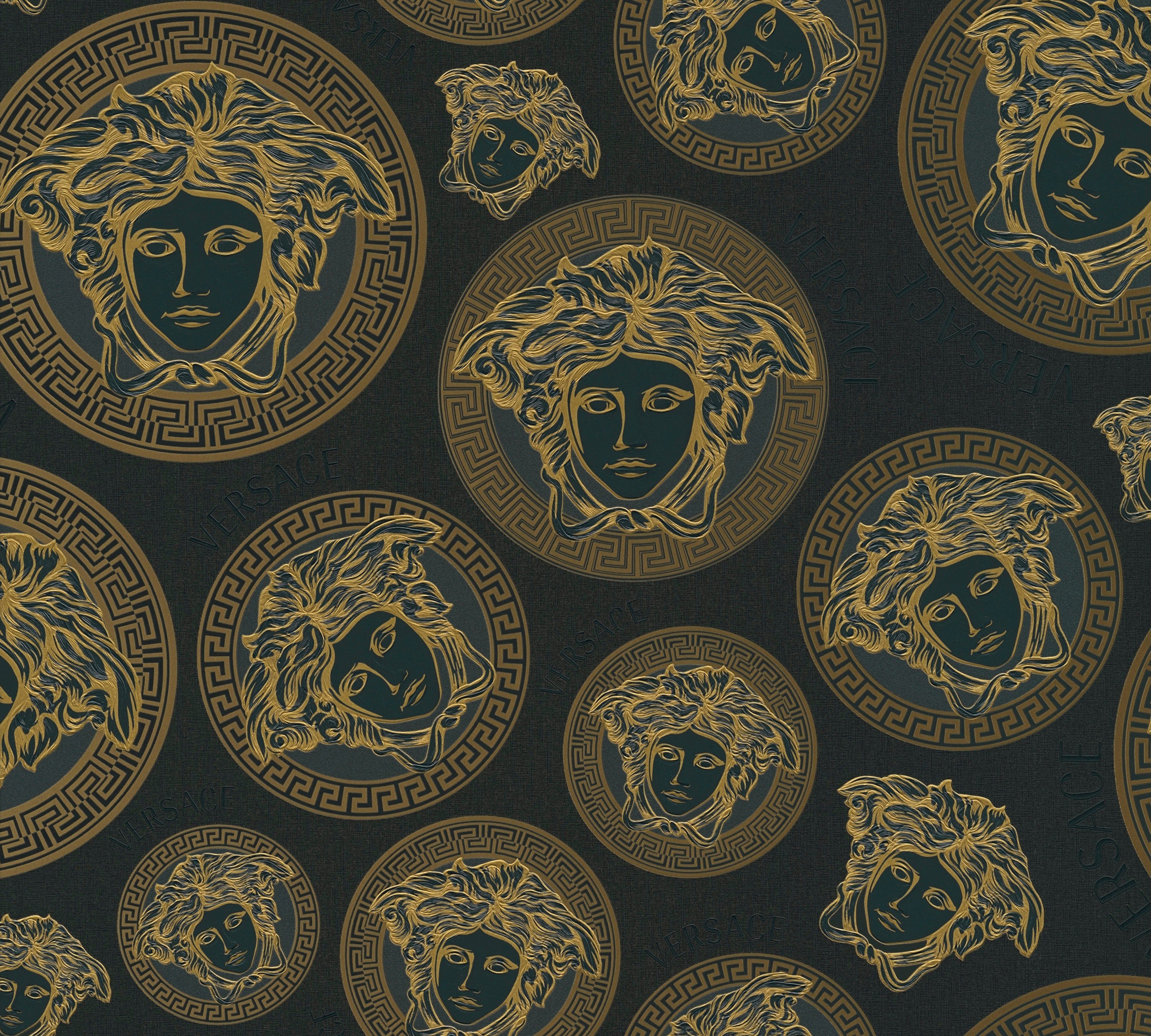 Versace Vliestapete Wallpaper Versace leicht Medusakopf, Designertapete 5 strukturiert, glänzend, leicht St), goldfarben/schwarz (1
