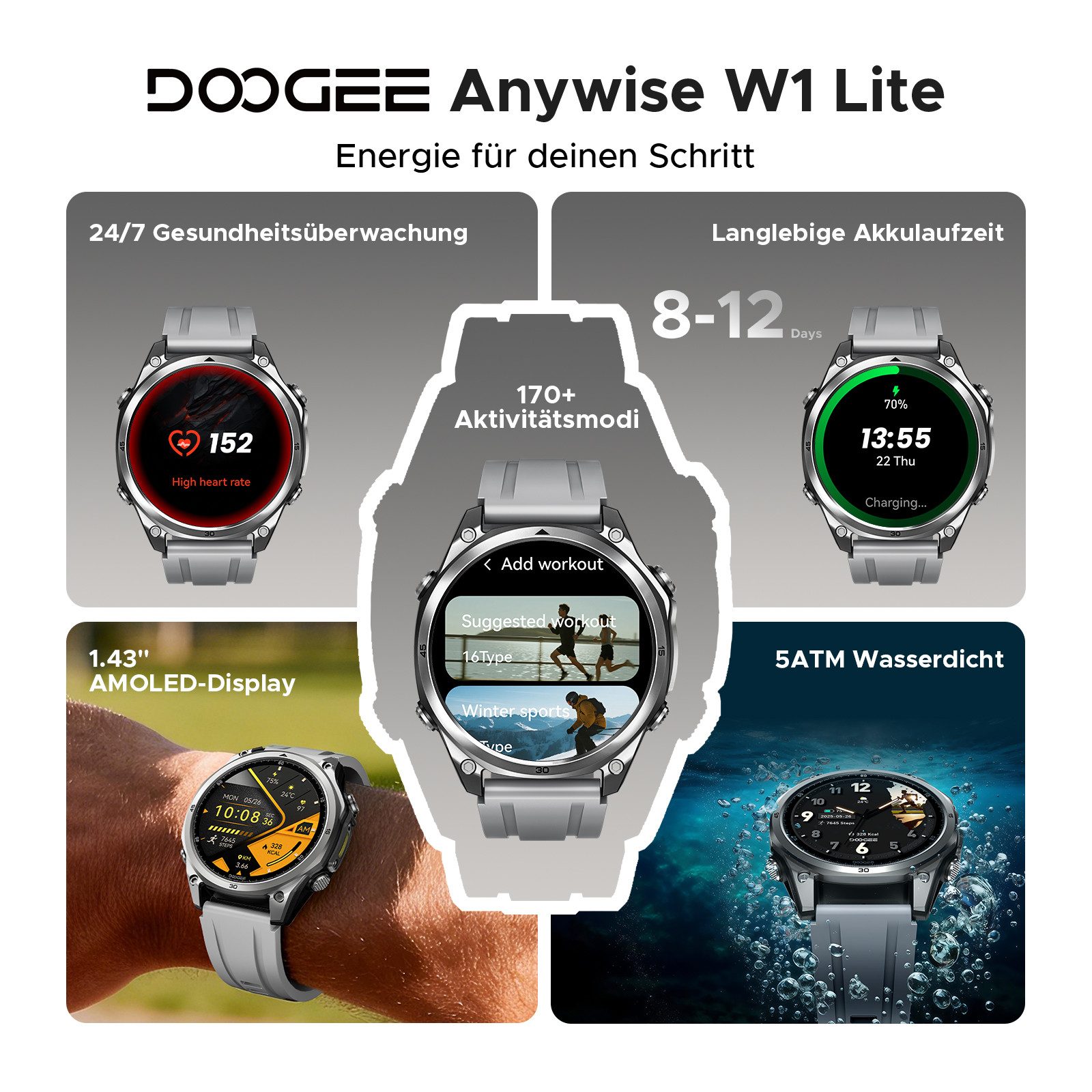 DOOGEE ANYWISE W1 LITE Smartwatch 1,43" AMOLED, 5ATM, Fitness & Sport Smartwatch, 170+ Modi, Herzfrequenz, SpO2, Schlaf, Anrufe, 12 Tage Akku