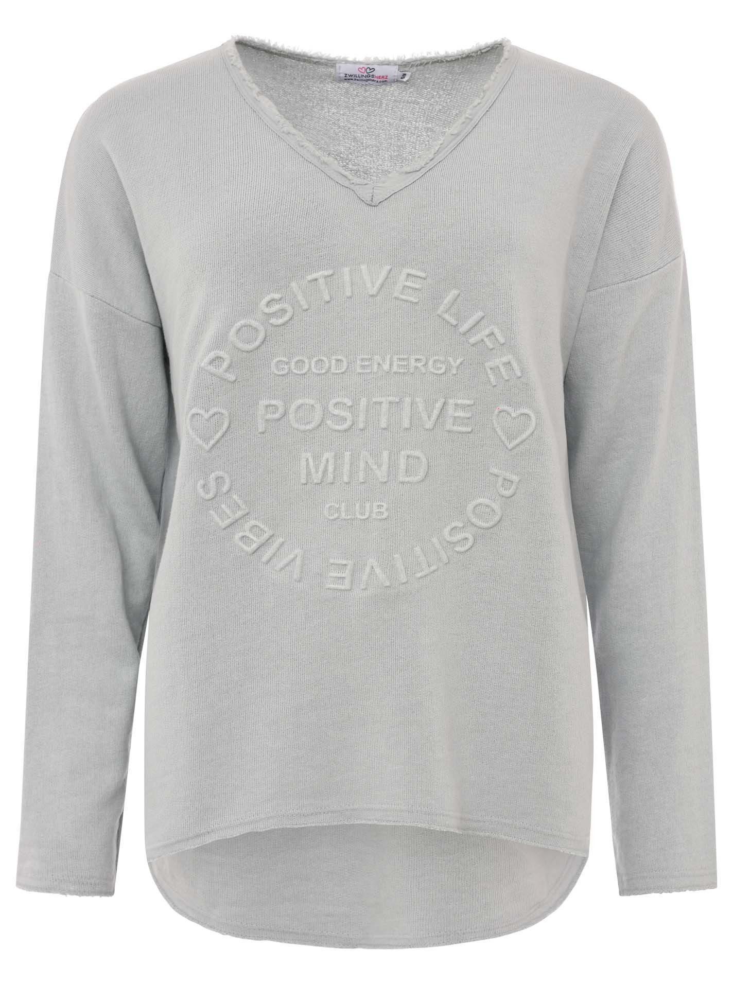 Zwillingsherz Sweatshirt "Positive Mind" ausgefranster V-Ausschnitt, Used Look, Langarm, Schriftzug – Bild 2 von 5