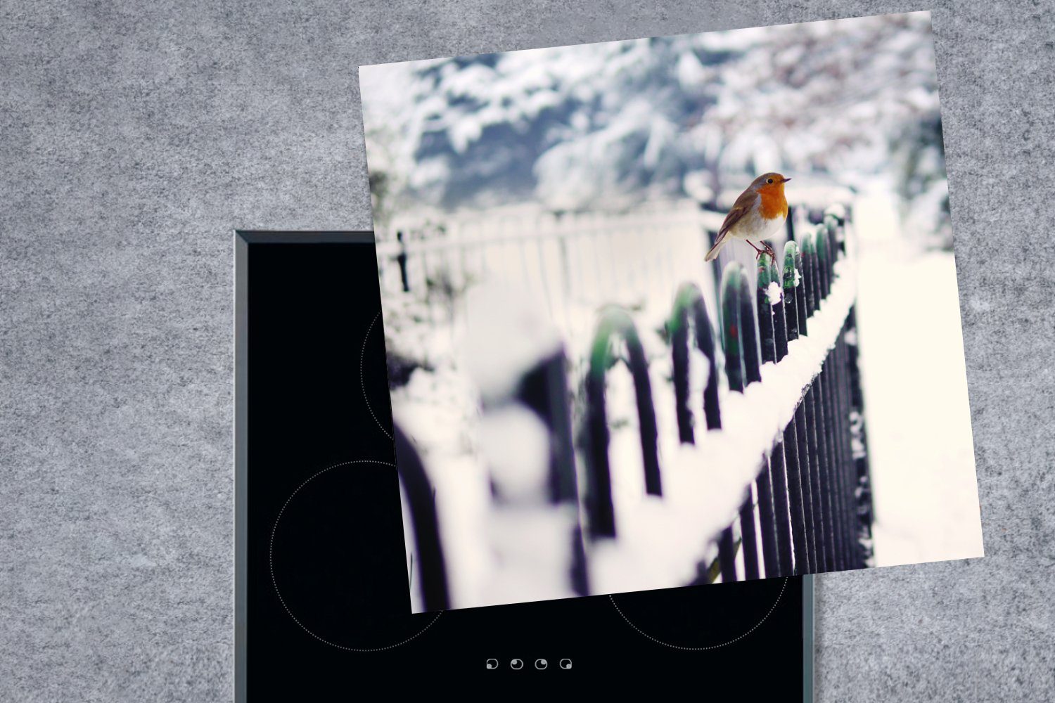 tlg), (1 Schnee, Winter cm, für Herdblende-/Abdeckplatte Ceranfeldabdeckung, 78x78 - MuchoWow küche Arbeitsplatte Rotkehlchen Vinyl, -