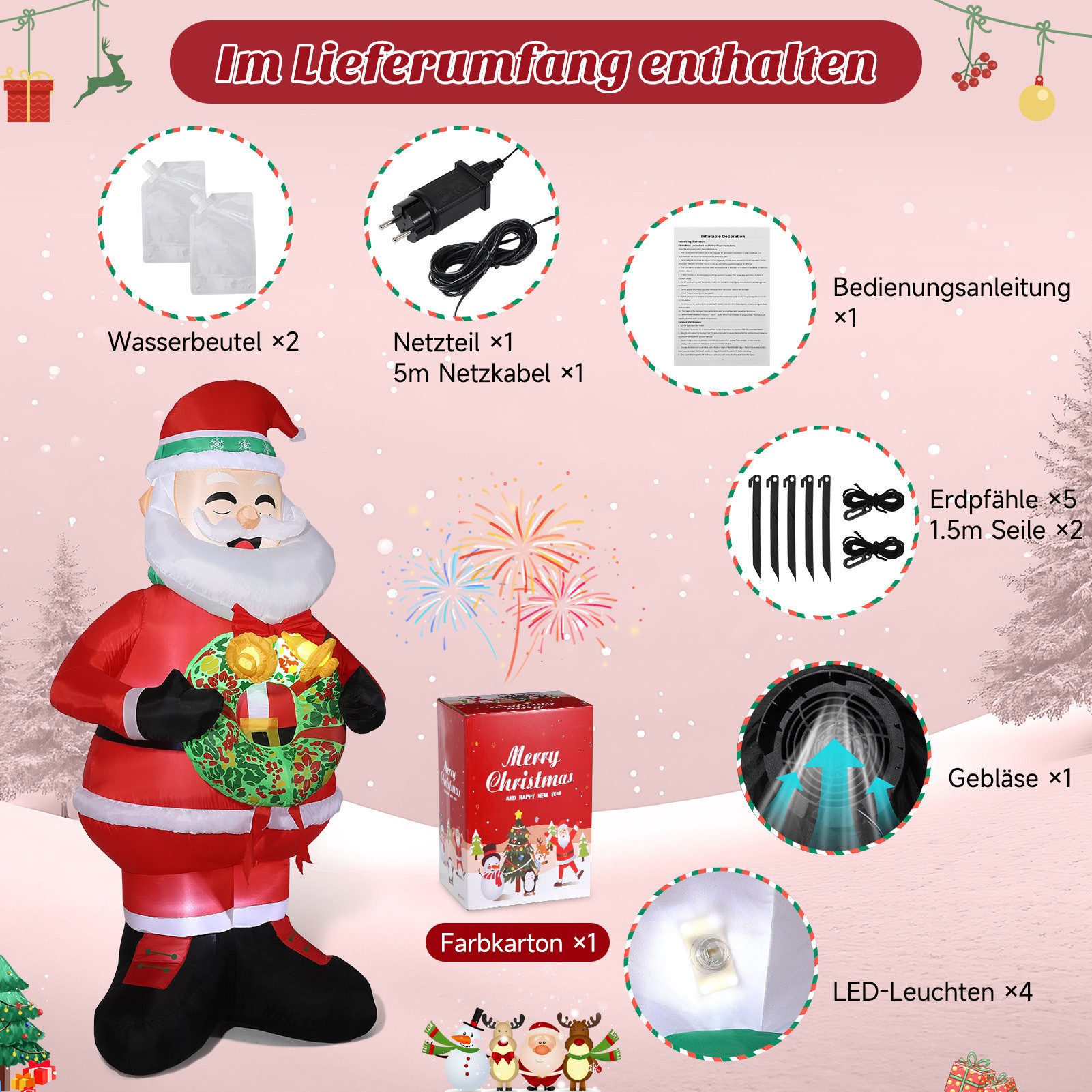 WOWDSGN Weihnachtsfigur Aufblasbarer Weihnachtsmann 150cm mit Kranz, LED Beleuchtung, mit Gebläse IP44 Wasserdicht, Innen und Außen, für Garten Hof Rasen – Bild 4 von 5