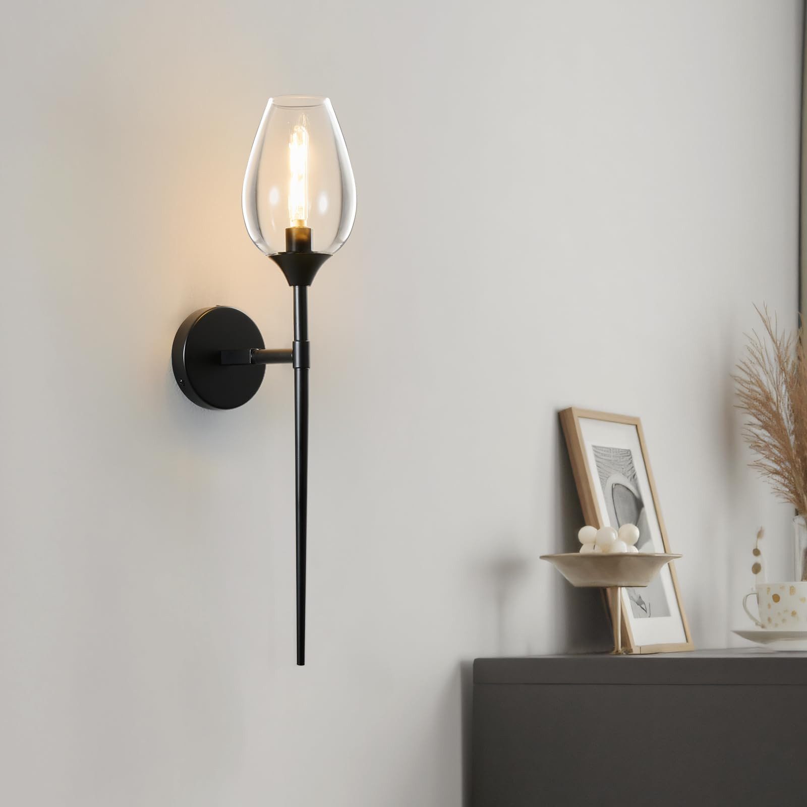 MUPOO Wandleuchte Schwarze Wandlampe aus Glas mit Lampenschirm in Weinglasform, LED wechselbar, mit E14-Glühbirne,für Schlafzimmer und Wohnzimmer – Bild 3 von 5