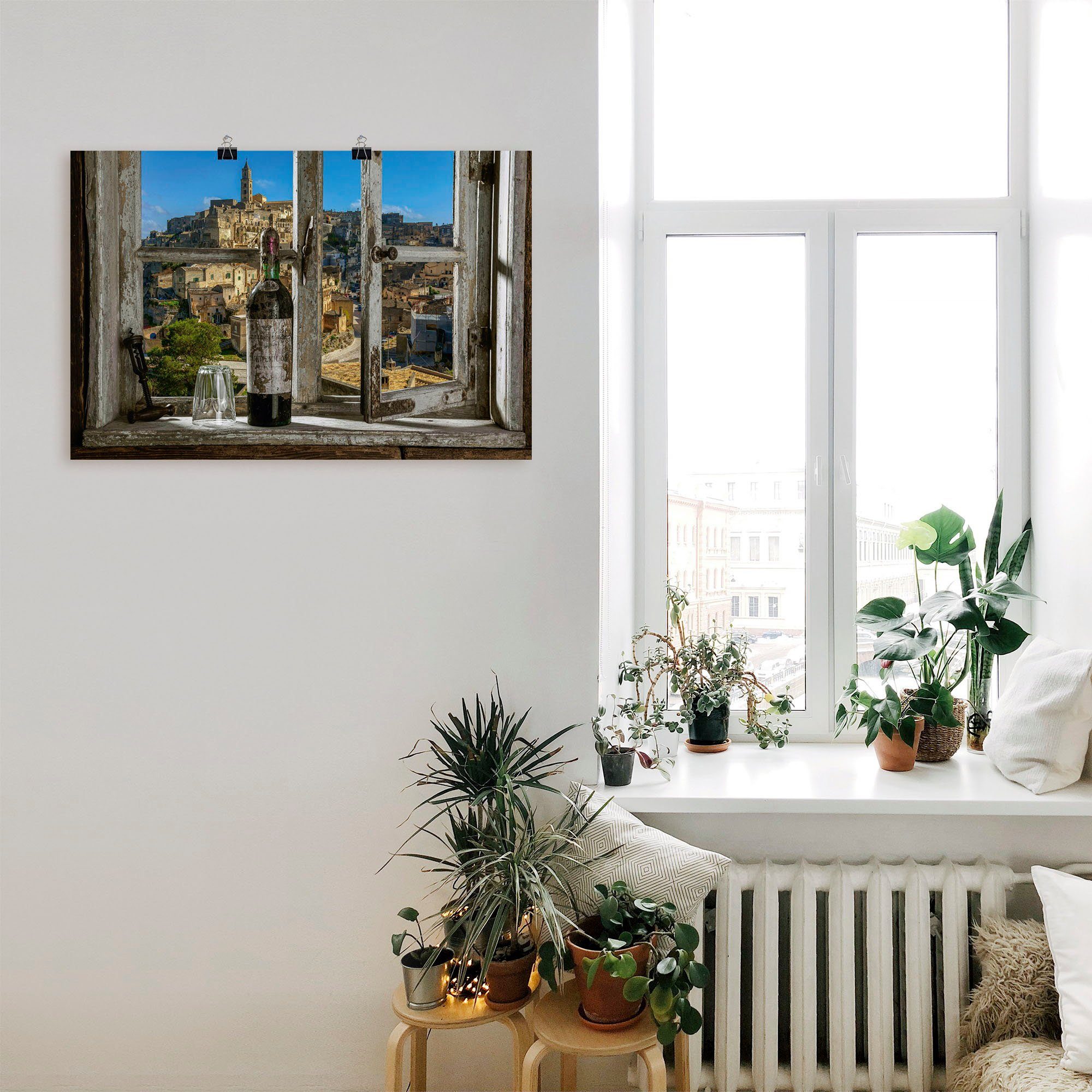 dem aus Matera, oder Wandaufkleber Alubild, Fenster Blick Größen Artland Italien, St), Wandbild Fenster (1 Türen versch. als Poster in Leinwandbild, &