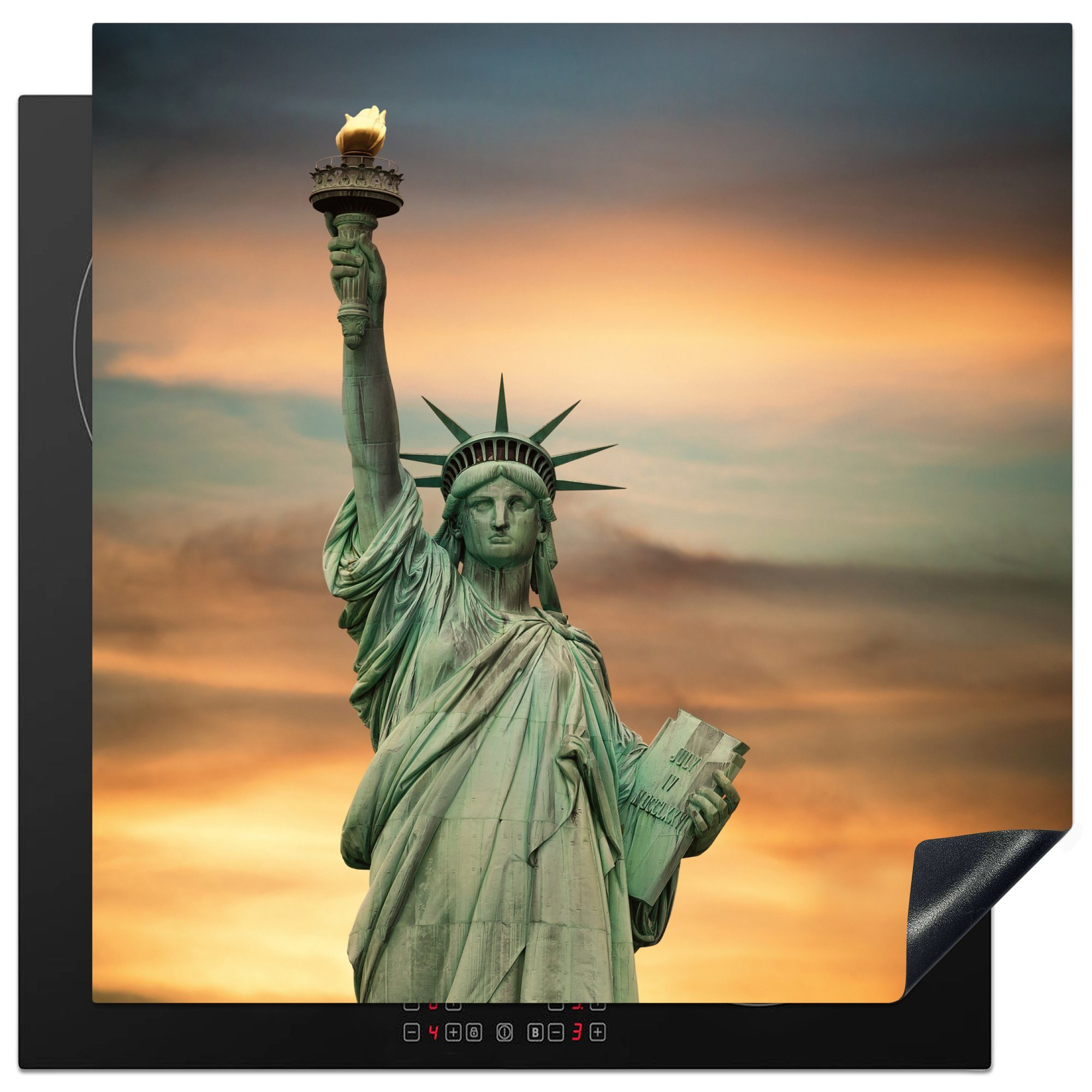 MuchoWow Herdblende-/Abdeckplatte Freiheitsstatue in den Vereinigten Staaten bei Sonnenuntergang, Vinyl, (1 tlg), 78x78 cm, Ceranfeldabdeckung, Arbeitsplatte für küche